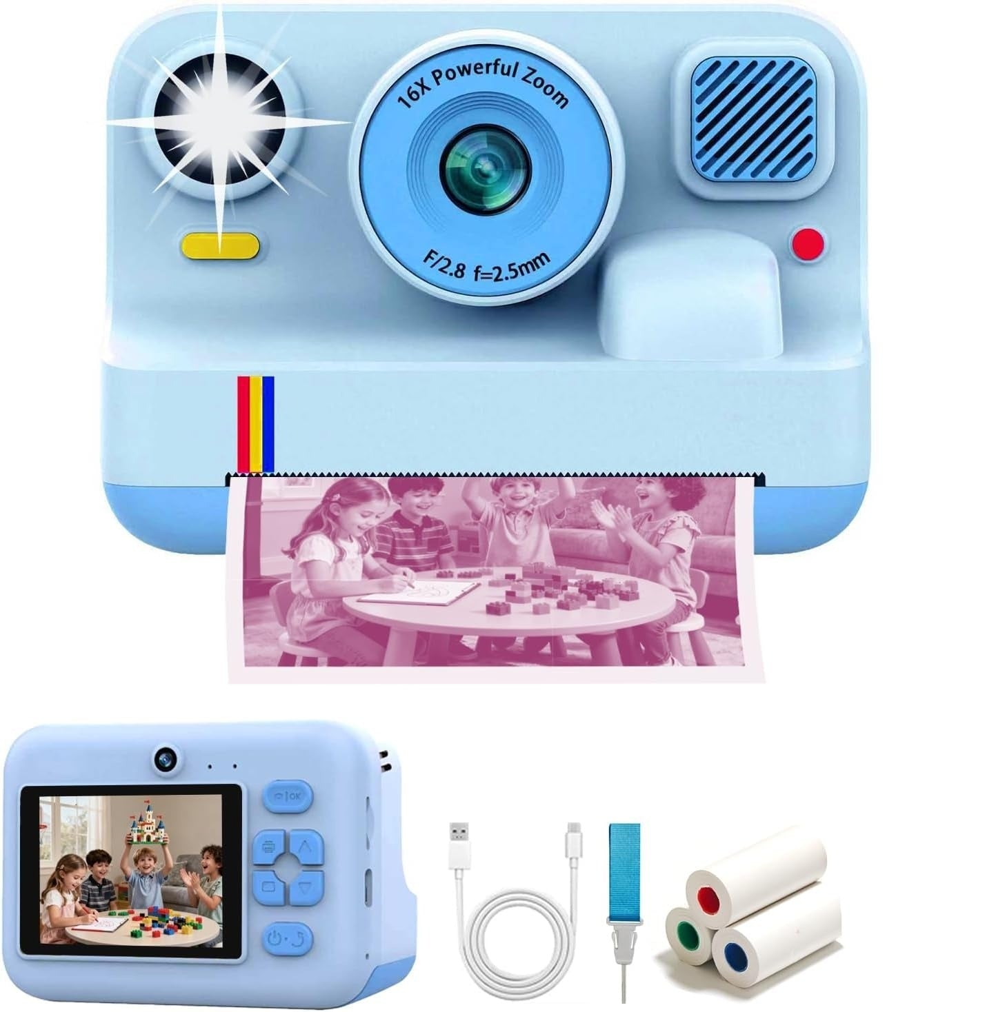 NÖRDIC 2,4" HD Instant-kamera, Mini kamera med fotoutskrift/videoinnspilling, kompatibel app, Blå