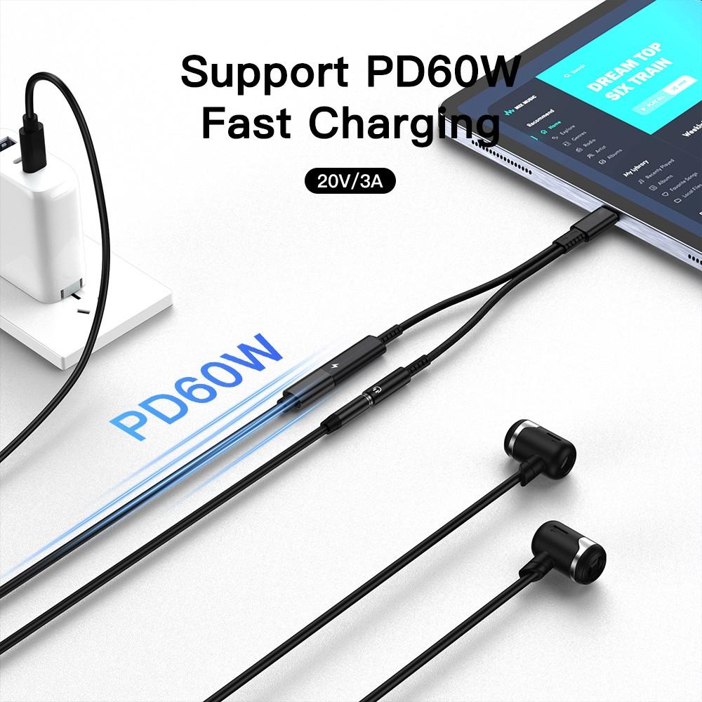 NÖRDIC 2 i 1 USB C til 3,5 mm hodetelefonadapter med 60W lading