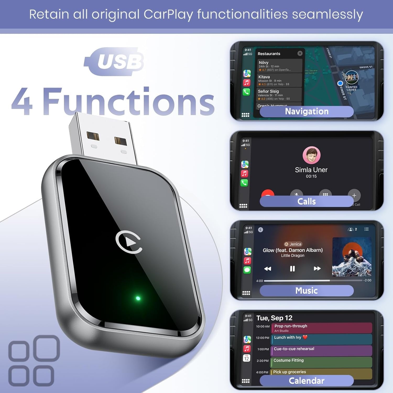 NÖRDIC 2-i-1 trådløs Android CarPlay-dongle, med USB-C-adapter, Plug & Play, WiFi 5,8 GHz, støtter iOS 10+ og Android 11+
