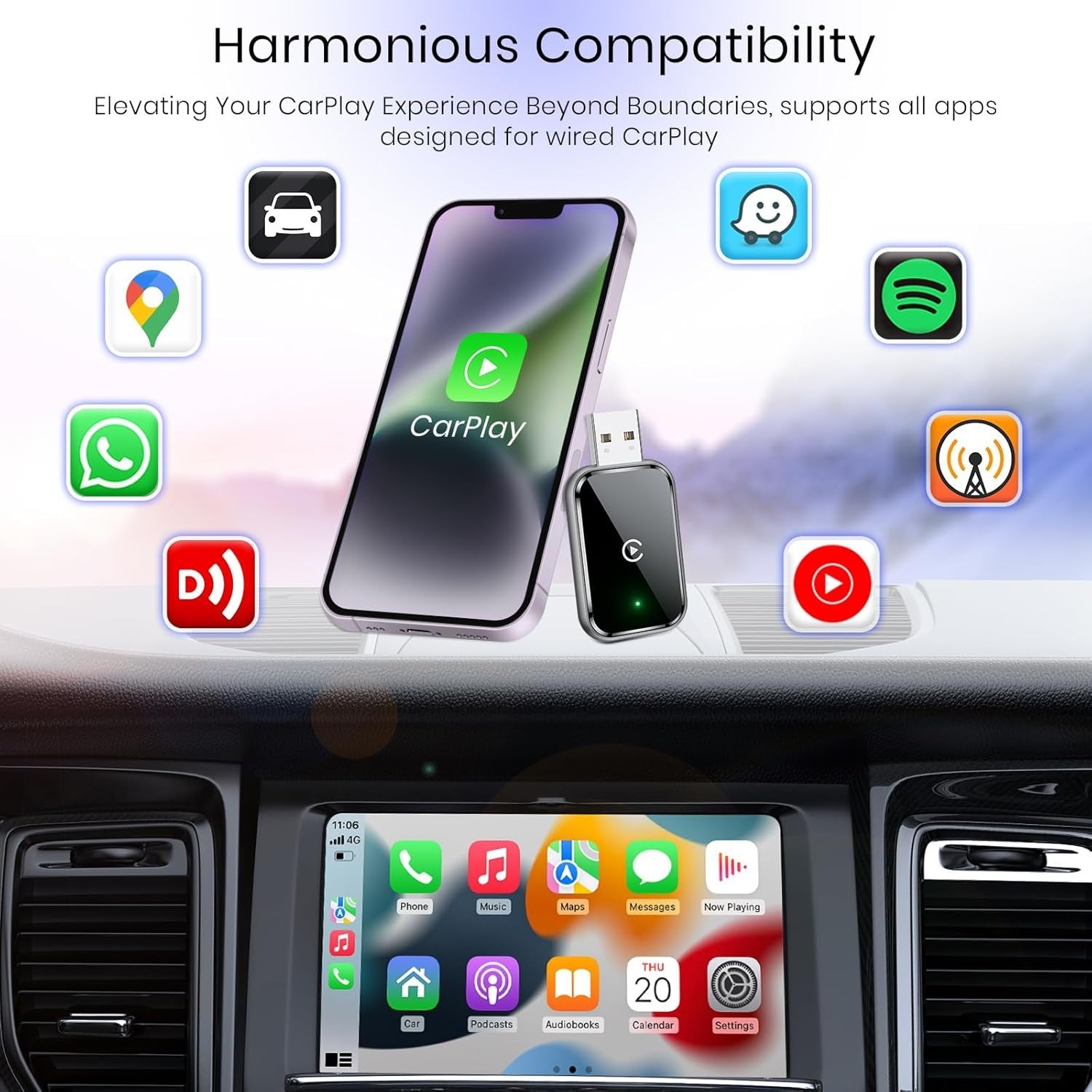 NÖRDIC 2-i-1 trådløs Android CarPlay-dongle, med USB-C-adapter, Plug & Play, WiFi 5,8 GHz, støtter iOS 10+ og Android 11+