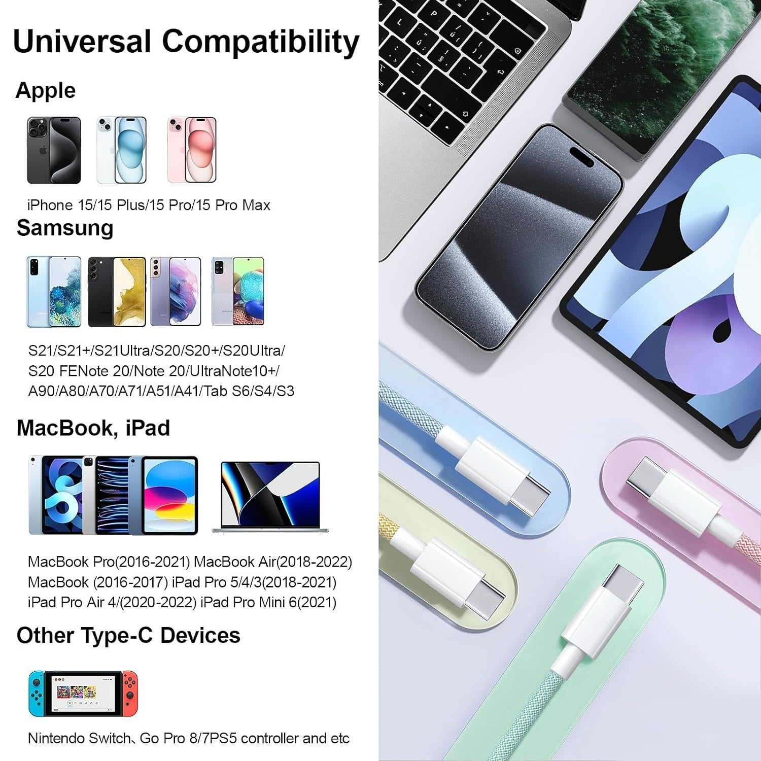 NÖRDIC 2m USB 2.0 USB-C til C-kabel for iPhone 15/15 Pro/15 Plus/15 Pro Max 3A 480Mbps 60W grønn