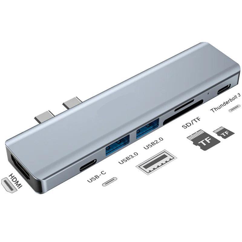 NÖRDIC 2 til 7 USB-C-dokkingstasjon for MacBook Pro og Air 1xHDMI 4K30Hz 1xUSB-A 3.1 1xUSB-A 2.0 1xUSB-C 3.1 1xUSB-C 100W PD 1x SD/TF-kortleser