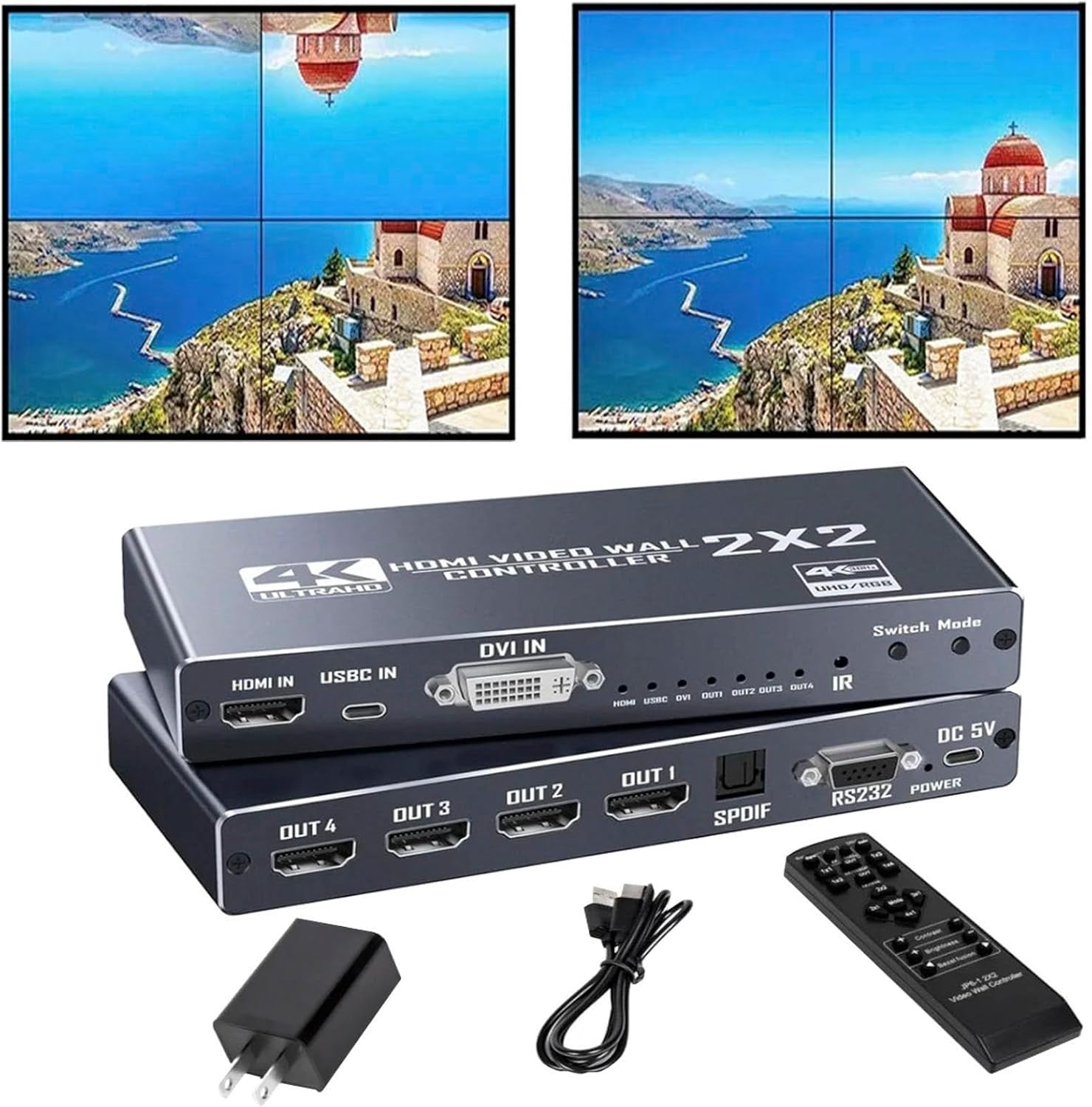 NÖRDIC 4K 2x2 HDMI/DVI/USB-C Video Wall Controller 4-Channel TV Wall Processor Support 1HDMI/DVI/Type-C USB In 4HDMI+1SPDIF Audio