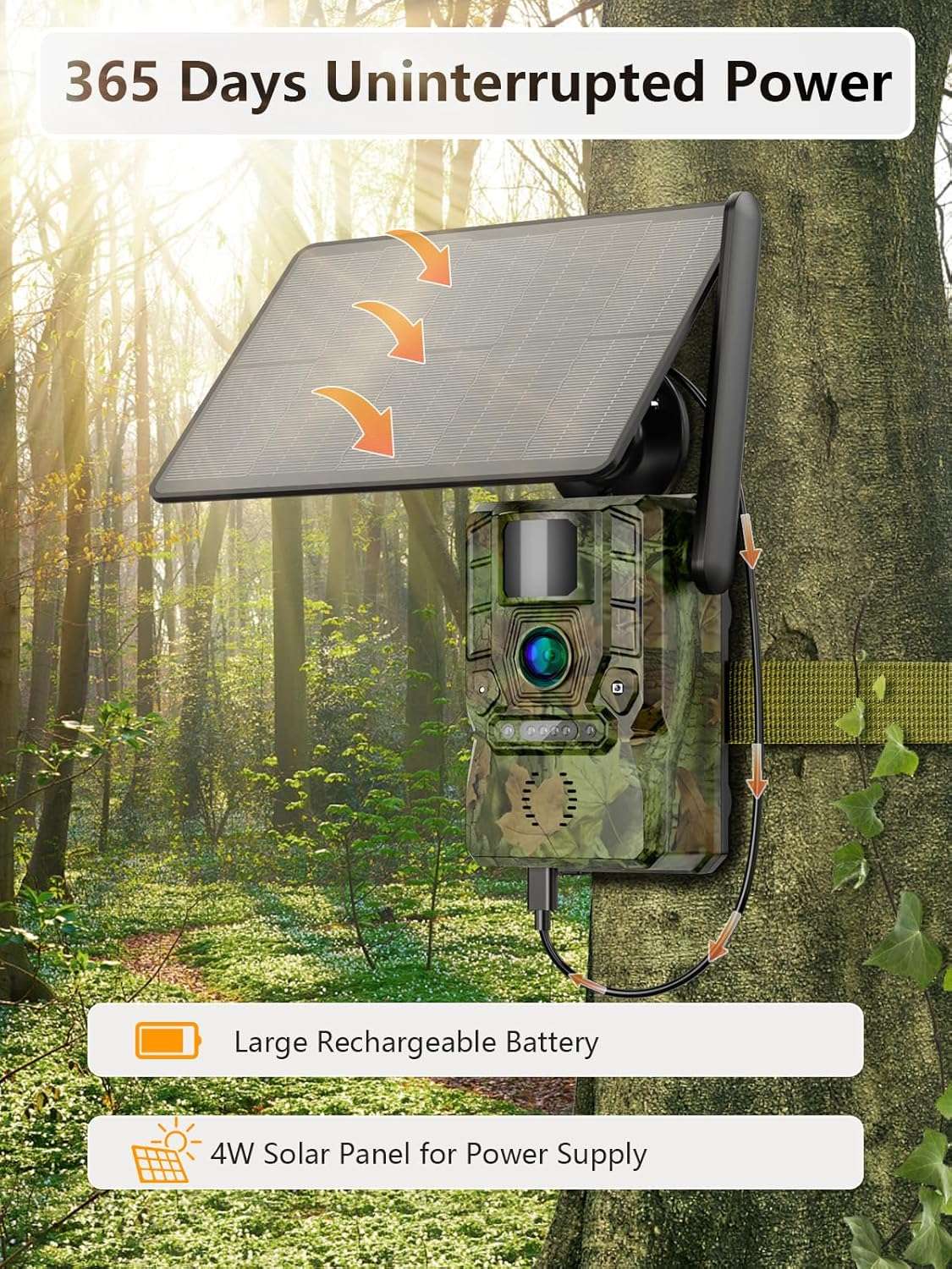NÖRDIC 4G viltkamera med 4W solpanel, 3MP FHD, kamuflasje, LTE 4G SIM-kort og IP66 vanntetthet