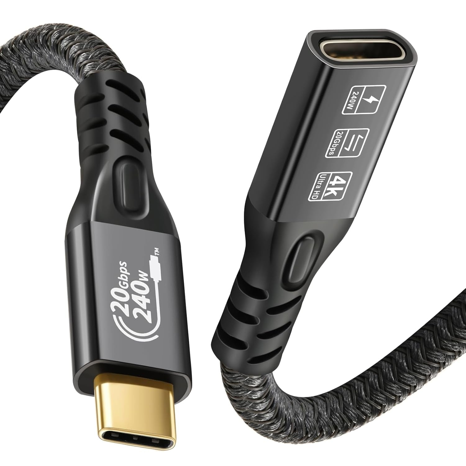 NÖRDIC 50 cm USB3.2 Gen2 20Gbps USB-C til C nylonflettet forlengelseskabel med Power Delivery 240W 4K60Hz