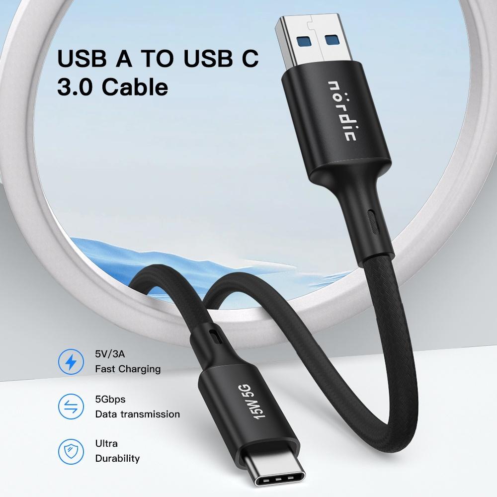 NÖRDIC 5m USB3.2 Gen1 USB-C til A nylonflettet kabel hurtiglading 3A 5Gbps 15W svart