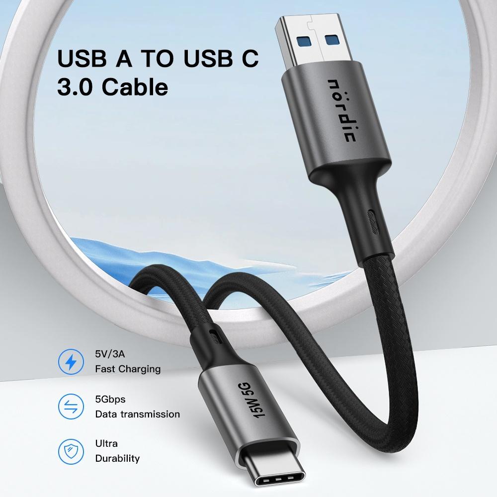 NÖRDIC 5m USB3.2 Gen1 USB-C til A nylonflettet kabel hurtiglading 3A 5Gbps 60W grå