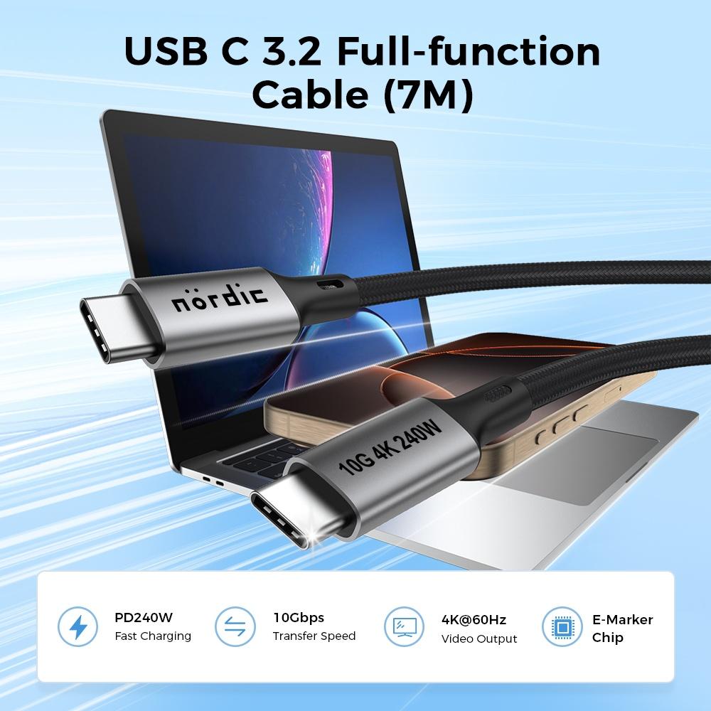 NÖRDIC 7m USB 3.2 Gen 2 USB-C til C nylonflettet kabel PD3.1 240W 10G 4K60Hz svart