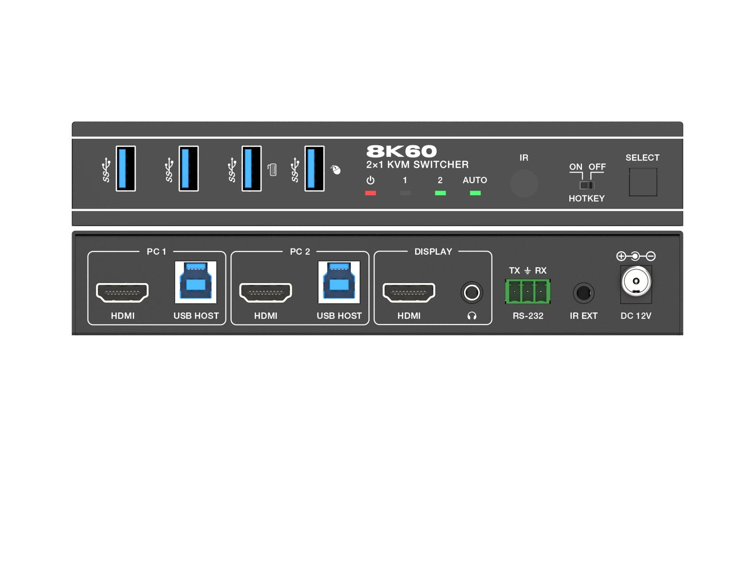 NÖRDIC 8K60Hz KVM-svitsj 2 til 1 støtter UltraWide moitors 4xUSB-A