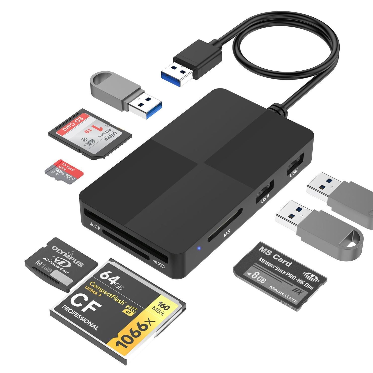 NÖRDIC USB-A kortleser 5 spor CF, SD, MicroSD, MS, XD, 3xUSB-A UHS-I