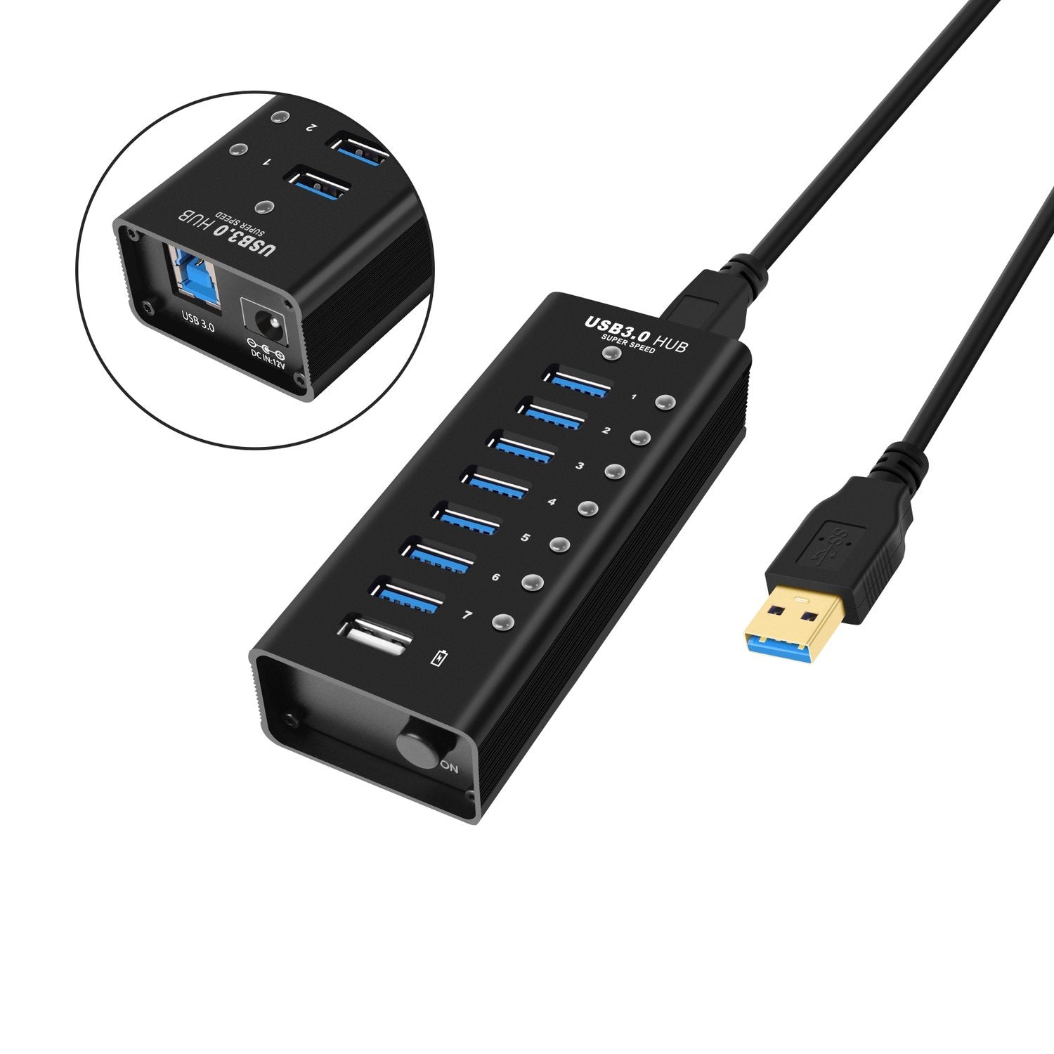 NÖRDIC 8-ports drevet hub USB-A 3.0 5Gbps med bryter 1,2m kabel aluminium svart med strømforsyning