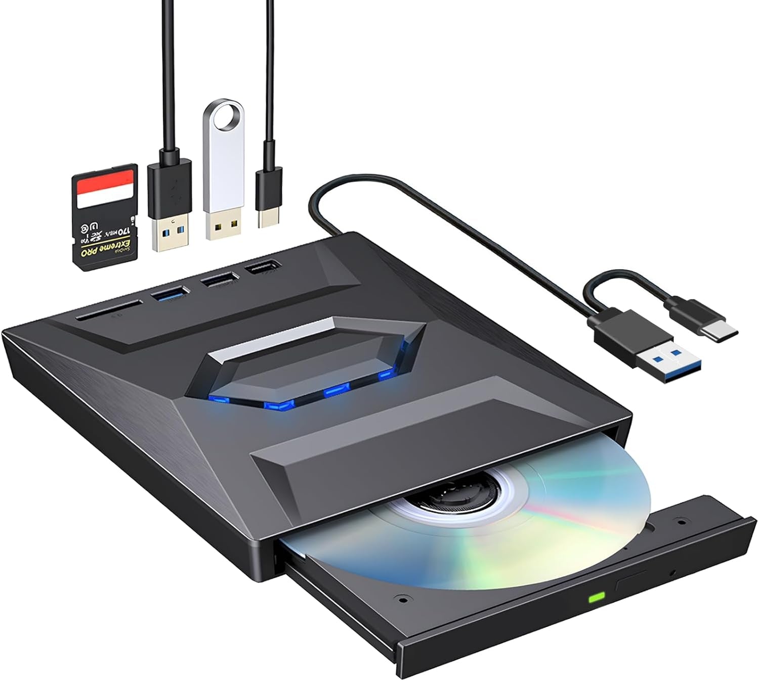 NÖRDIC Bærbar CD Brenner og spiller og USB-hub med SD-kortleser 2xUSB-A 1xUSB-C