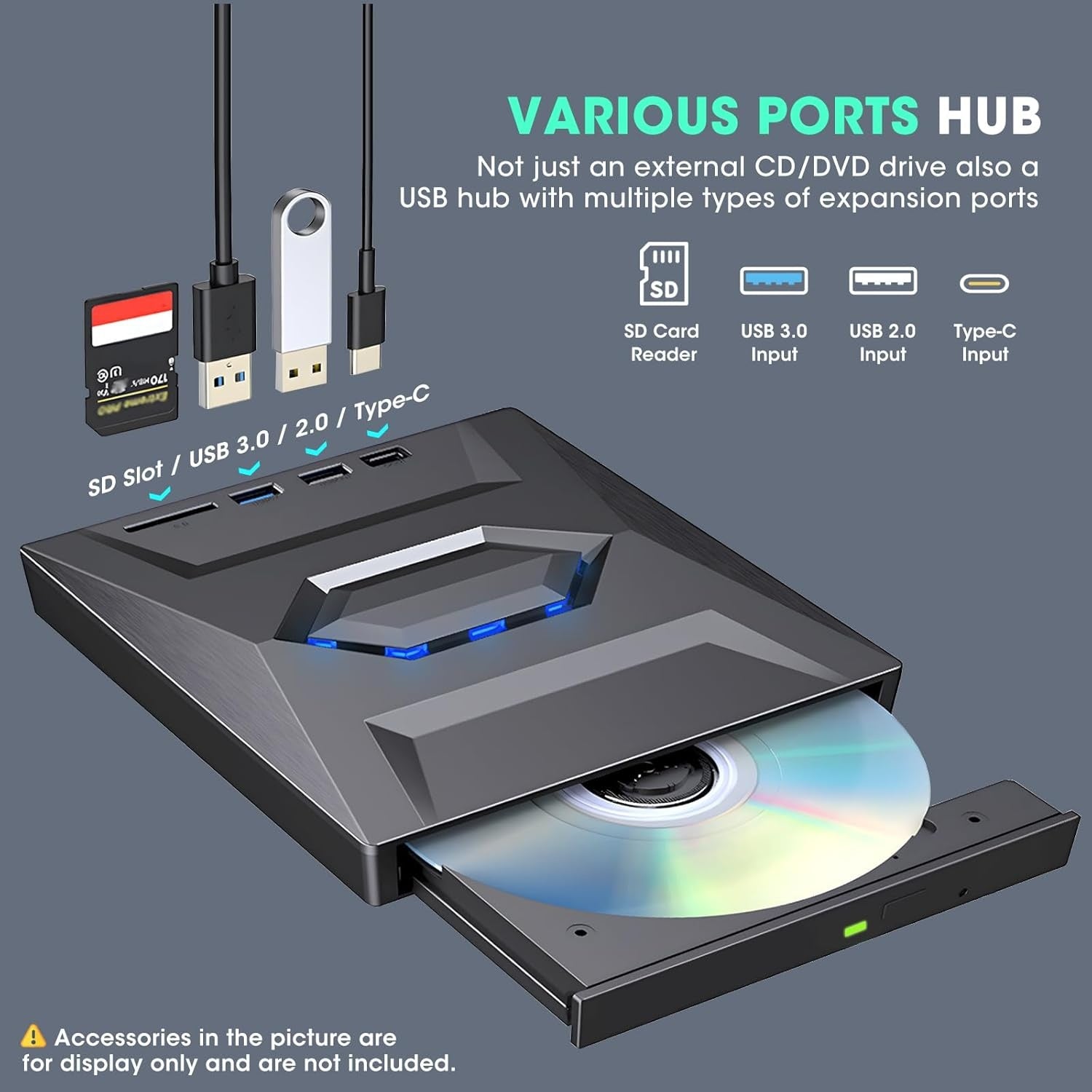 NÖRDIC Bærbar CD Brenner og spiller og USB-hub med SD-kortleser 2xUSB-A 1xUSB-C