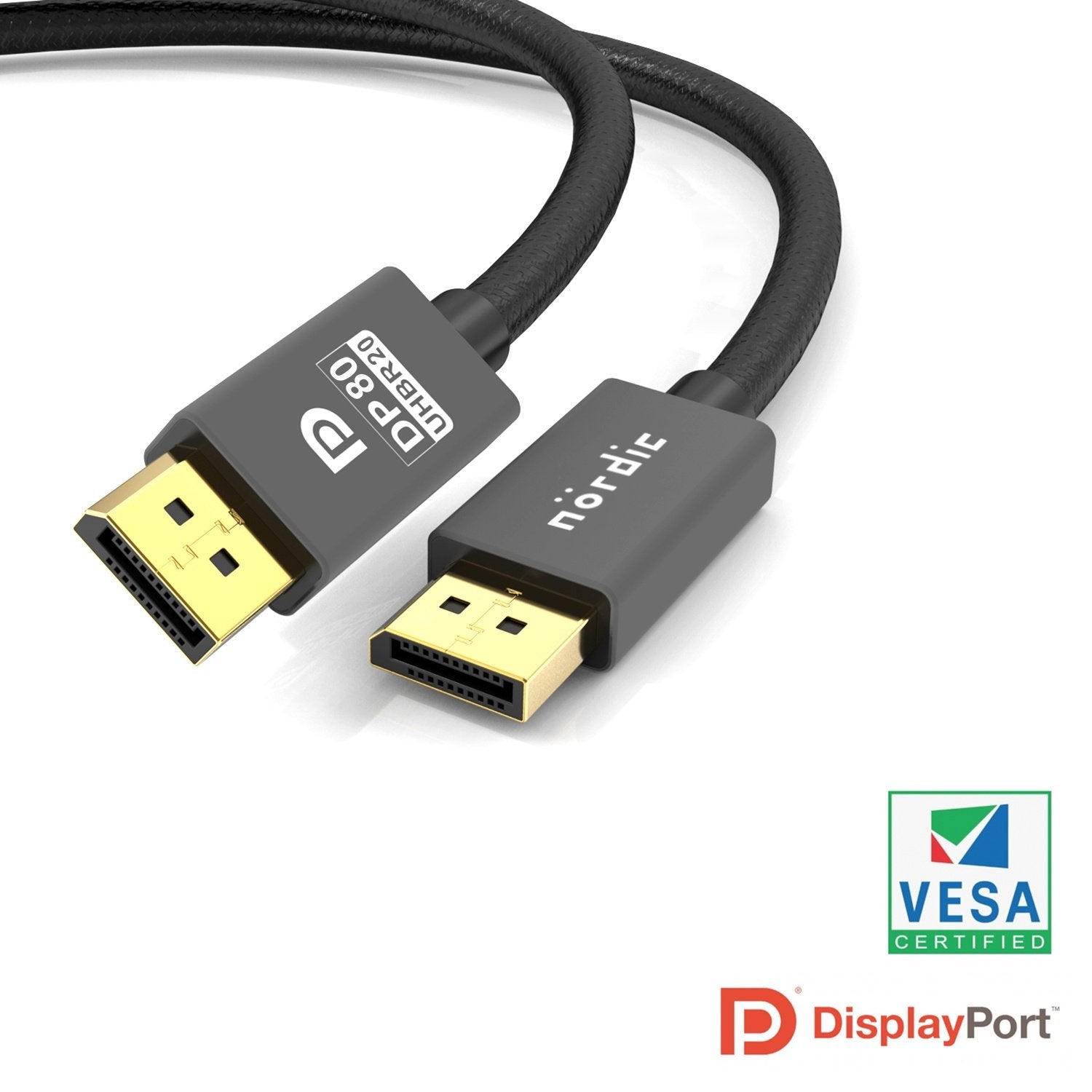 NORDIC-SERTIFISERT KABLER 1m VESA-sertifisert nylonflettet Displayport 2.1-kabel DP80 UHBR20 80Gbps 16/10/8K60H 4K165/144Hz DSC1.2a HDR HDCP2.2 FreeSync G-Sync