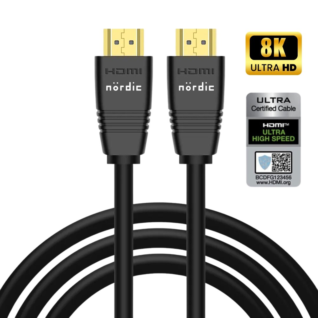 NÖRDIC CERTIFIED CABLES 3m Ultra High Speed HDMI2.1 8K 60Hz 4K 120Hz 144Hz 48Gbps Dynamic HDR eARC Game Mode VRR Dolby ATMOS gullbelagt PVC svart
