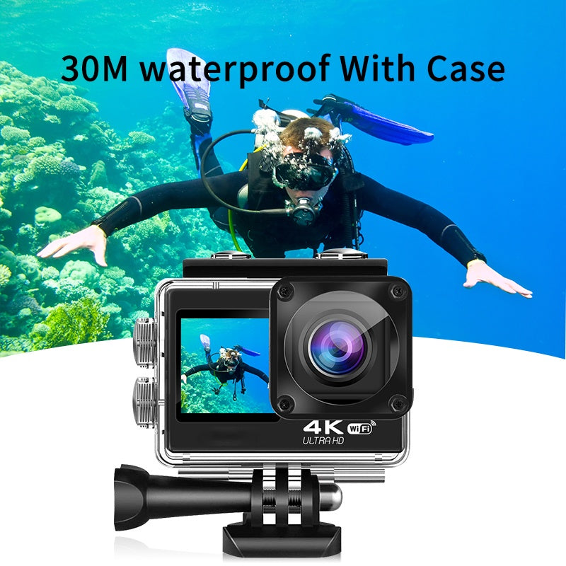 NÖRDIC actionkamera med doble skjermer 4K@30Hz, WiFi, 30m vanntett, 20 MP, 2,0"/1,3" skjermer