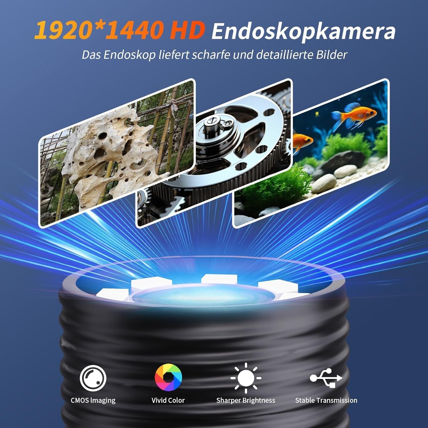 NÖRDIC Endoskopkamera for mobiltelefon med lys, 1080P HD, 8 LED-lys, vanntett IP67, ingen WiFi nødvendig, Android og iOS, 5m