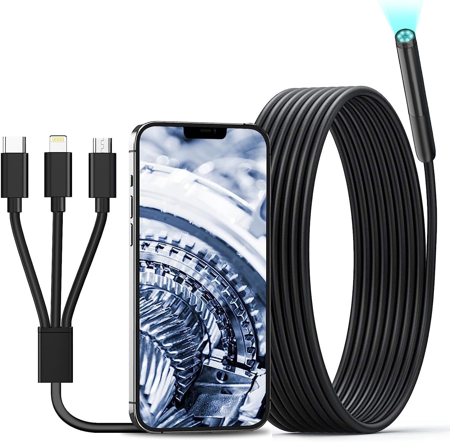NÖRDIC Endoskopkamera for mobiltelefon med lys, 1080P HD, 8 LED-lys, vanntett IP67, krever ikke WiFi, Android og iOS, 3m