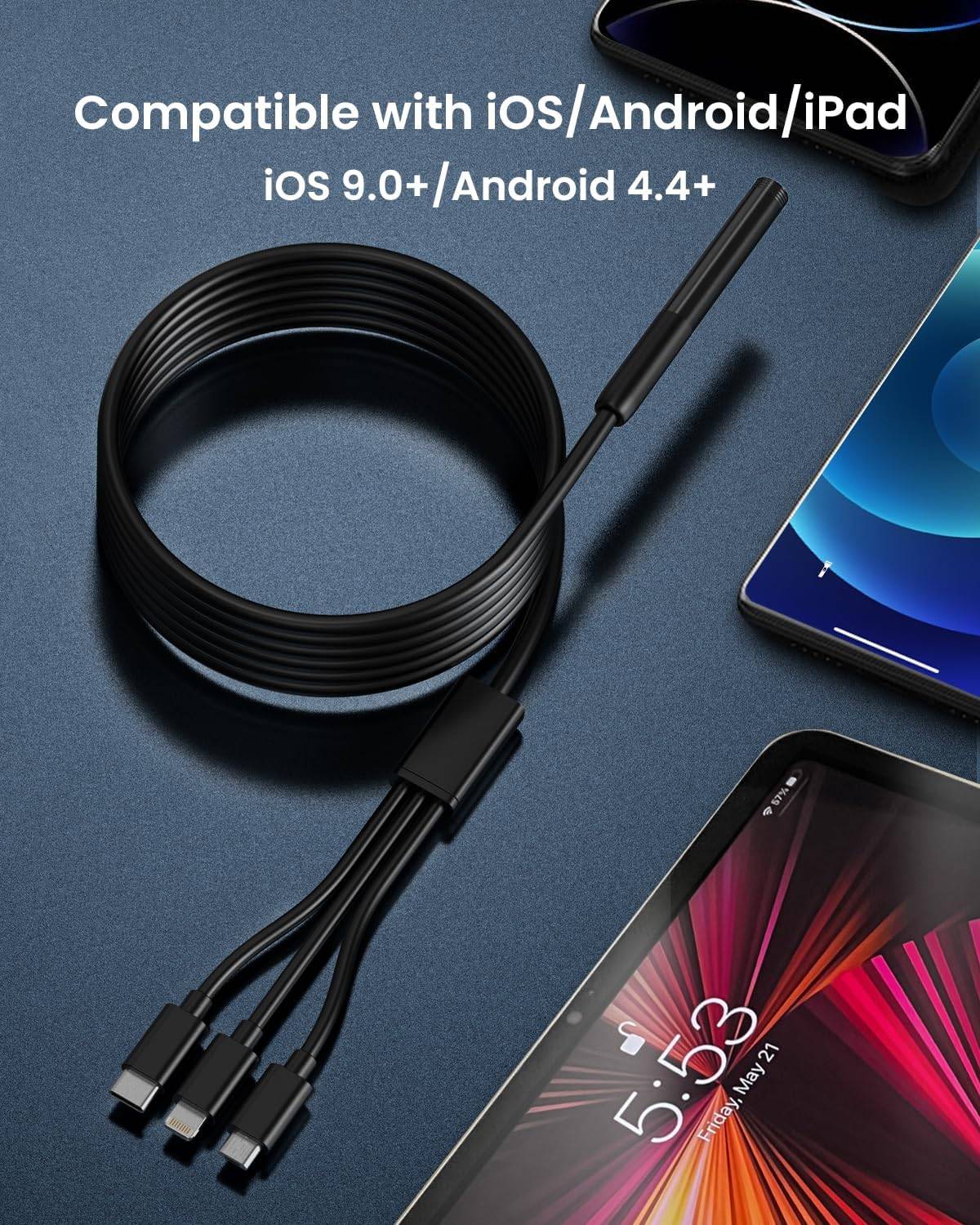 NÖRDIC Endoskopkamera for mobiltelefon med lys, 1080P HD, 8 LED-lys, vanntett IP67, krever ikke WiFi, Android og iOS, 3m