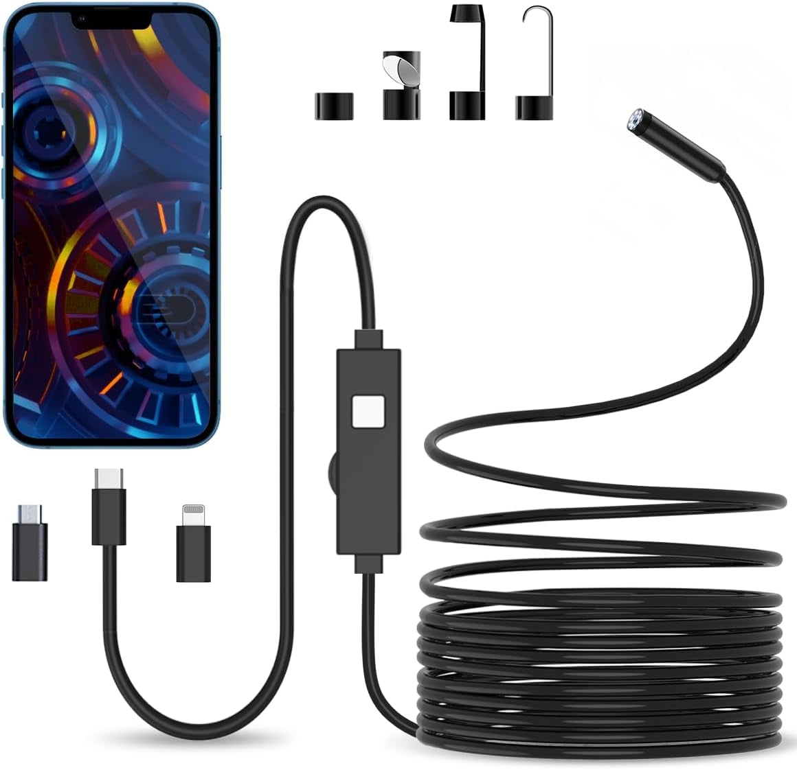 NÖRDIC Endoskopkamera for mobiltelefon med lys, 1080P HD, 8 LED-lys, vanntett IP67, ingen WiFi nødvendig, Android og iOS, 10m