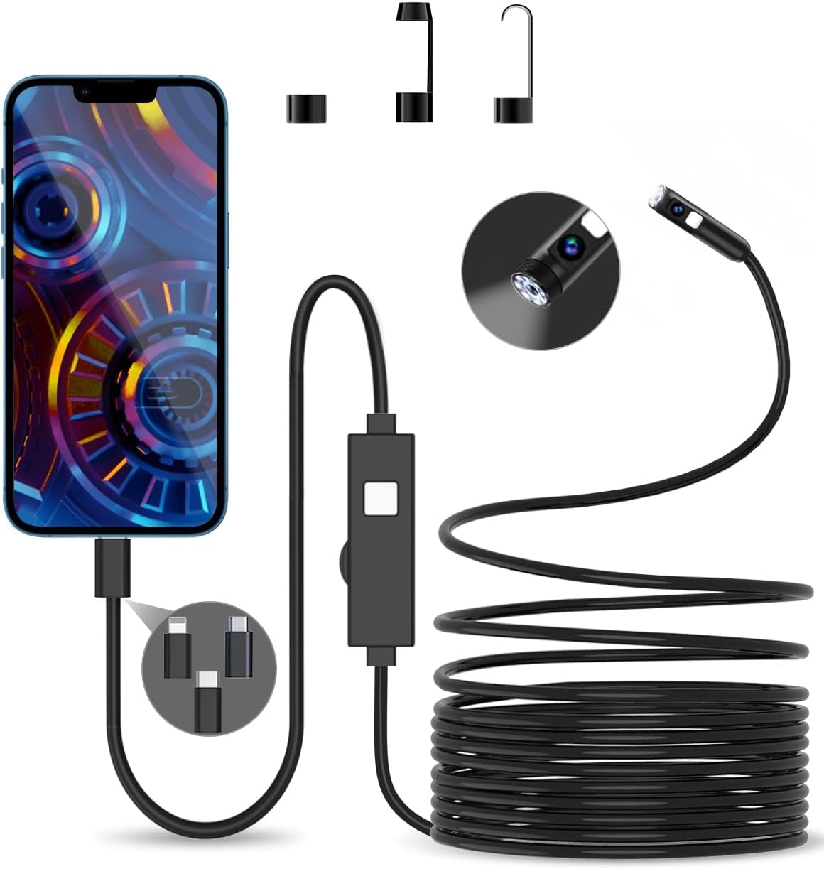 NÖRDIC Endoskopkamera med doble linser for mobiltelefon med lys, 1080P HD, 8 LED-lys, vanntett IP67, krever ikke WiFi, Android og iOS, 5m