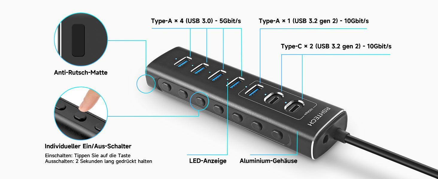 NÖRDIC GEN 3.2 USB-C og USB-A drevet Hubb 7-porter 3x10Gbps 4x5Gbps 1m kabel individuell bryter