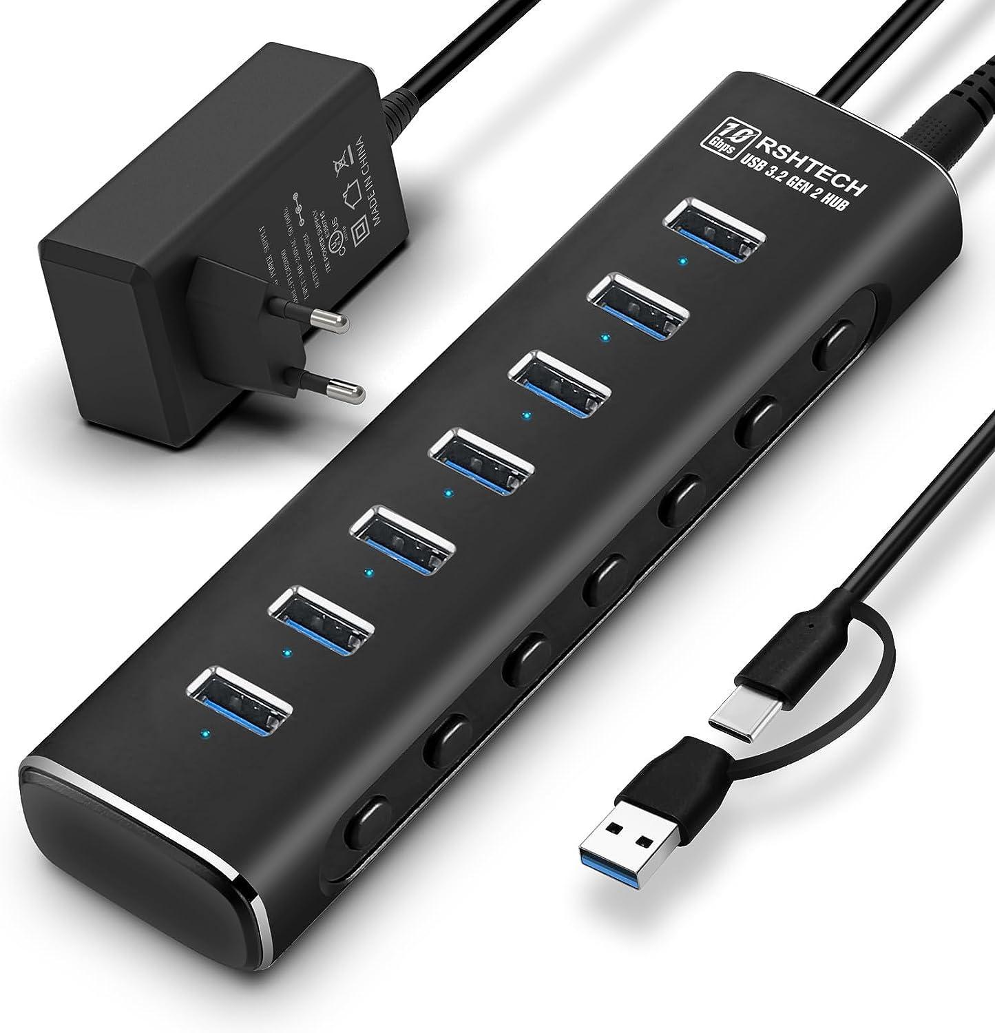 NÖRDIC GEN 3.2 USB-C og USB-A drevet Hub 7ports 7x10Gbps 1m kabel individuell bryter