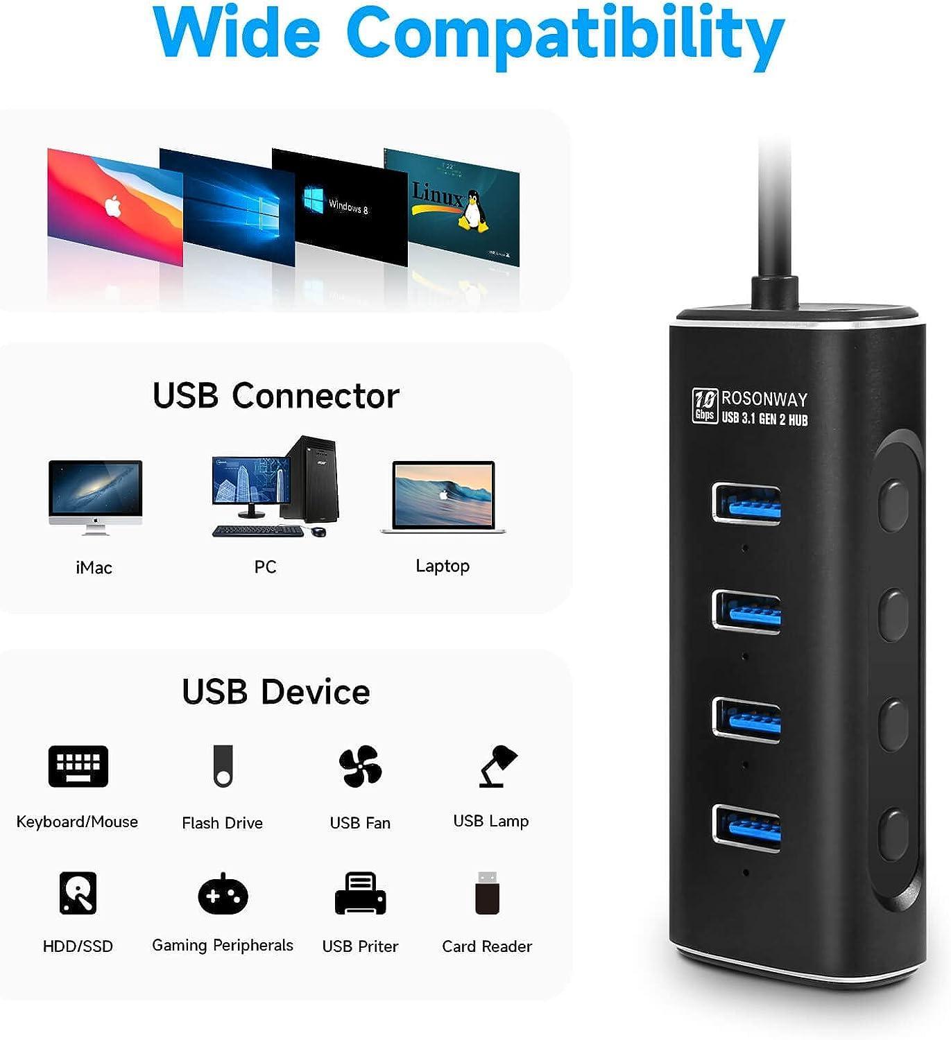 NÖRDIC Gen2 3.2 USB-A 4-ports drevet Hub 10 Gbps 1m kabel individuell bryter