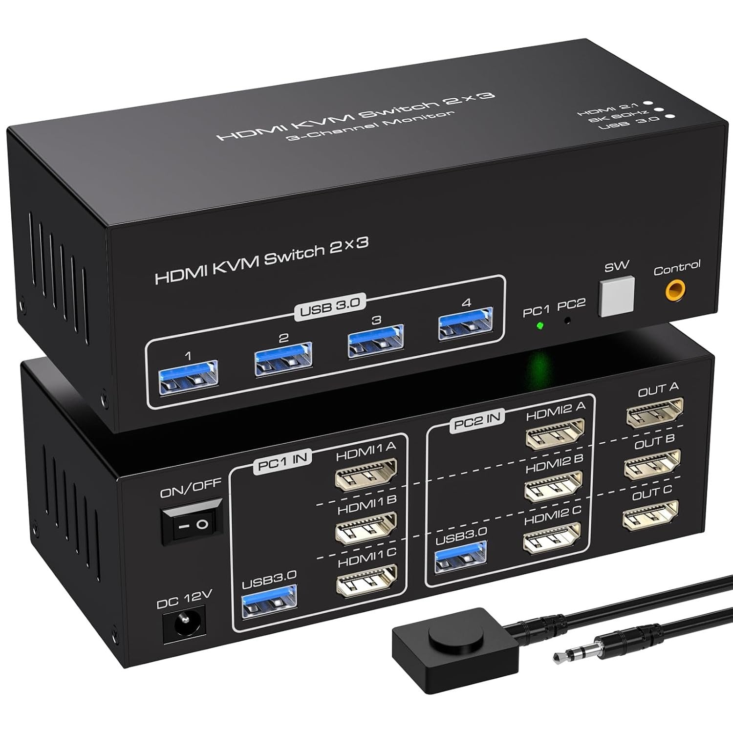 NÖRDIC HDMI 2.1 KVM-switch 2 datamaskiner 3 skjermer 8K60Hz 4K144Hz Trippel skjerm 4 USB 3.0 for 2 PC dele 3 skjermer