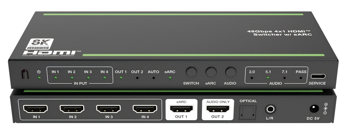 NÖRDIC 8K HDMI 2.1 eARC/ARC Extractor med innebygd 4 til 1-switch, HDMI/Optisk/3,5 mm, Dolby Vision, Dolby Atmos, LPCM 7.1CH, CEC, HDR, VRR, HDCP 2.3