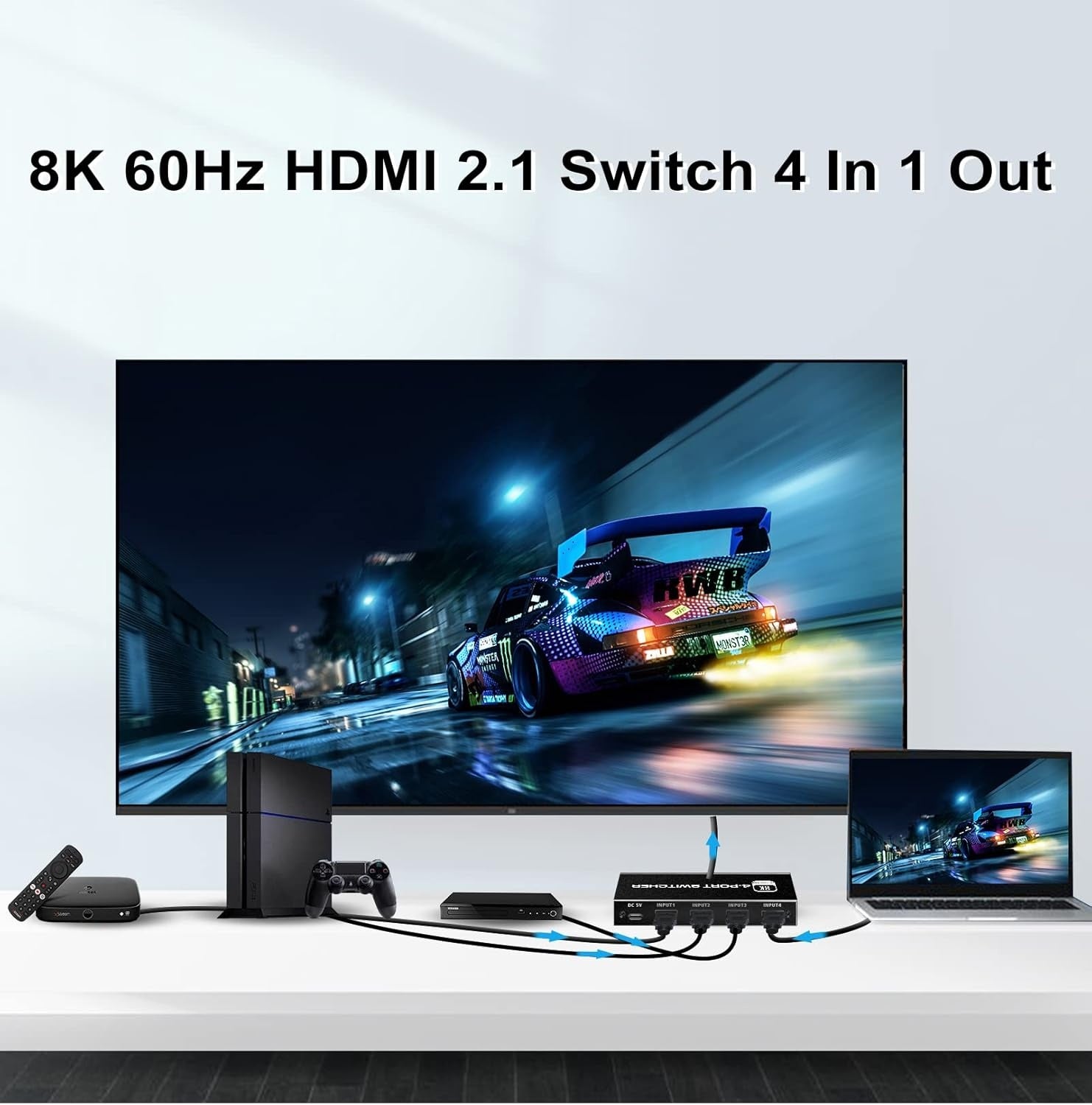 NÖRDIC HDMI 2.1-svitsj 4 til 1 8K60Hz 4K144Hz 48Gbps