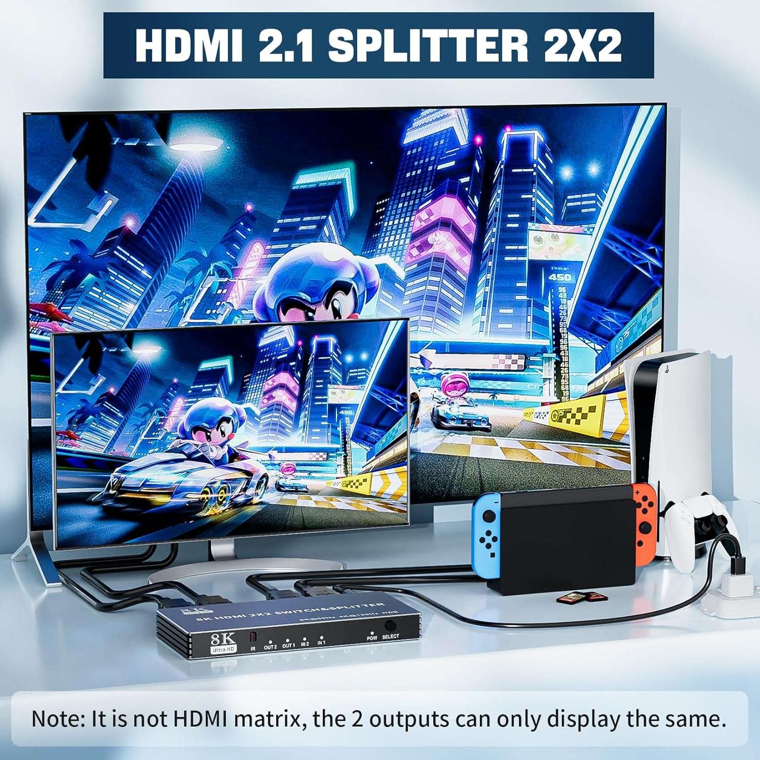 NÖRDIC HDMI 2.1-svitsj og splitter 2x2 8K60Hz 4K120Hz HDR HDCP2.3