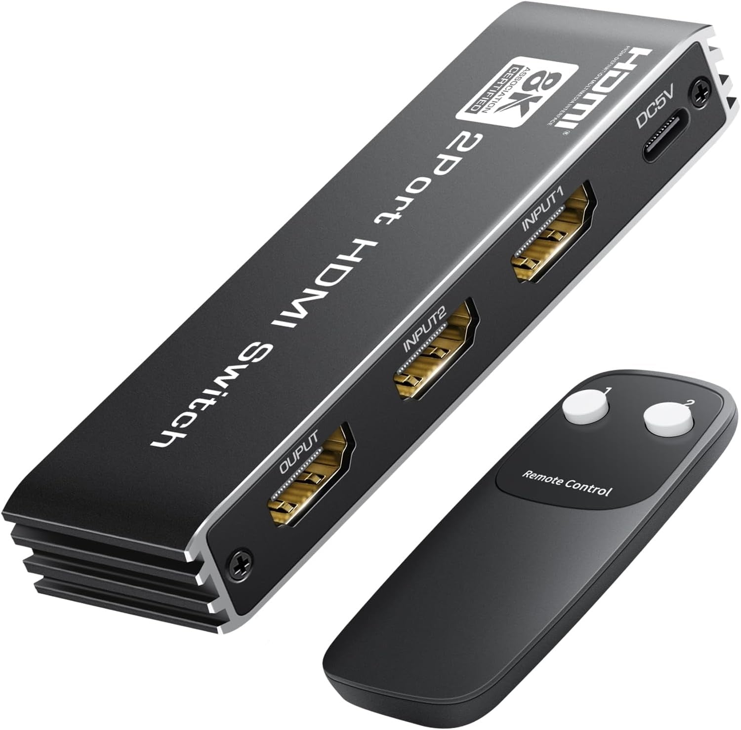 NÖRDIC HDMI 2 til 1-svitsj 8K60Hz 4K@120Hz med fjernkontroll, aluminium