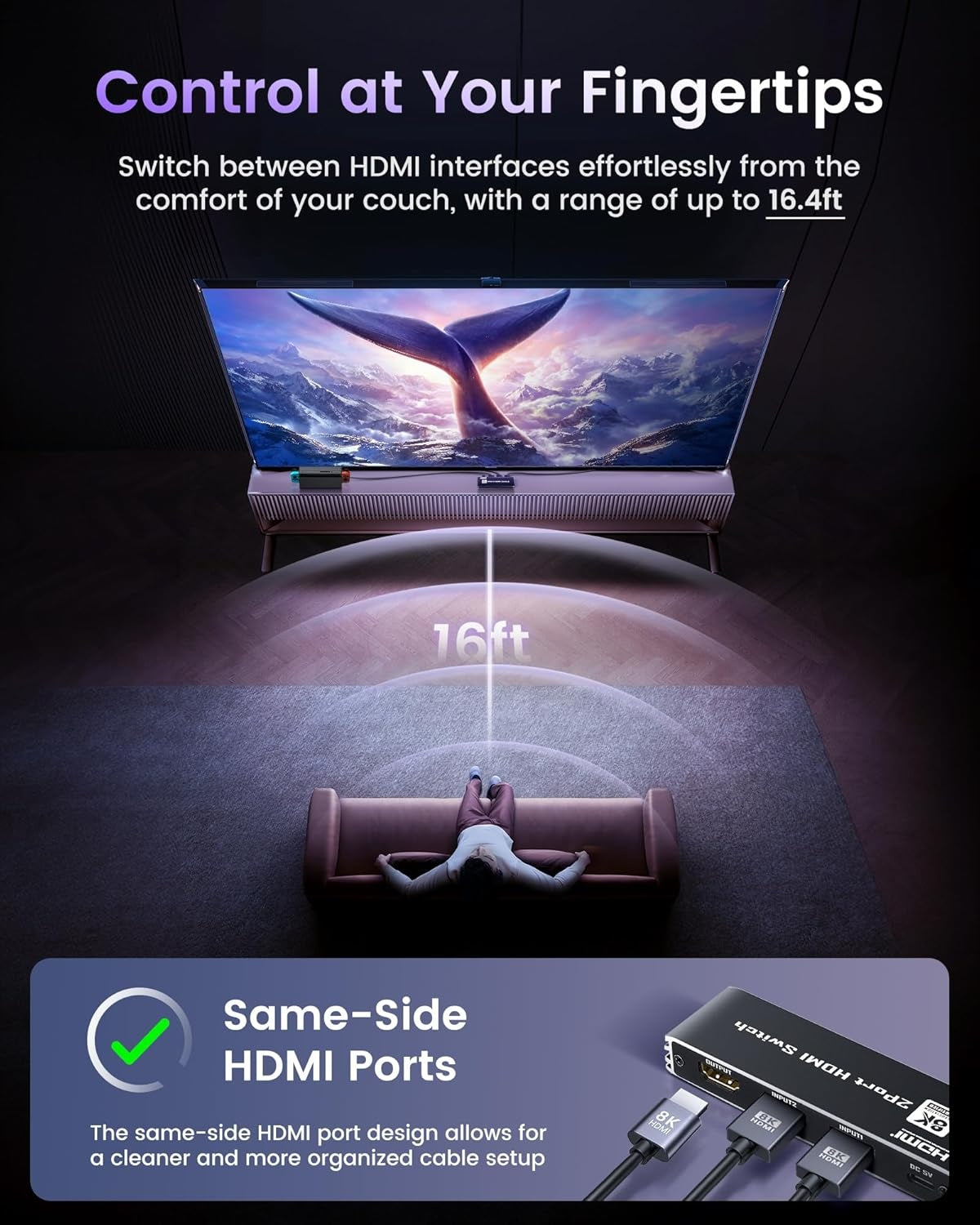 NÖRDIC HDMI 2 til 1-svitsj 8K60Hz 4K@120Hz med fjernkontroll, aluminium