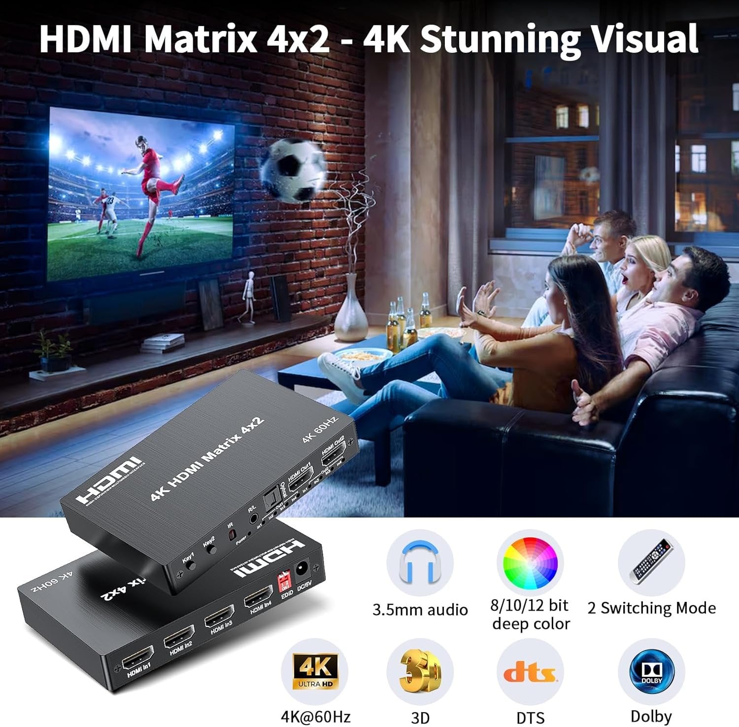 NÖRDIC HDMI 4K 60Hz Matrix-bryter 4x2 3D Video Toslink Stereo EDID