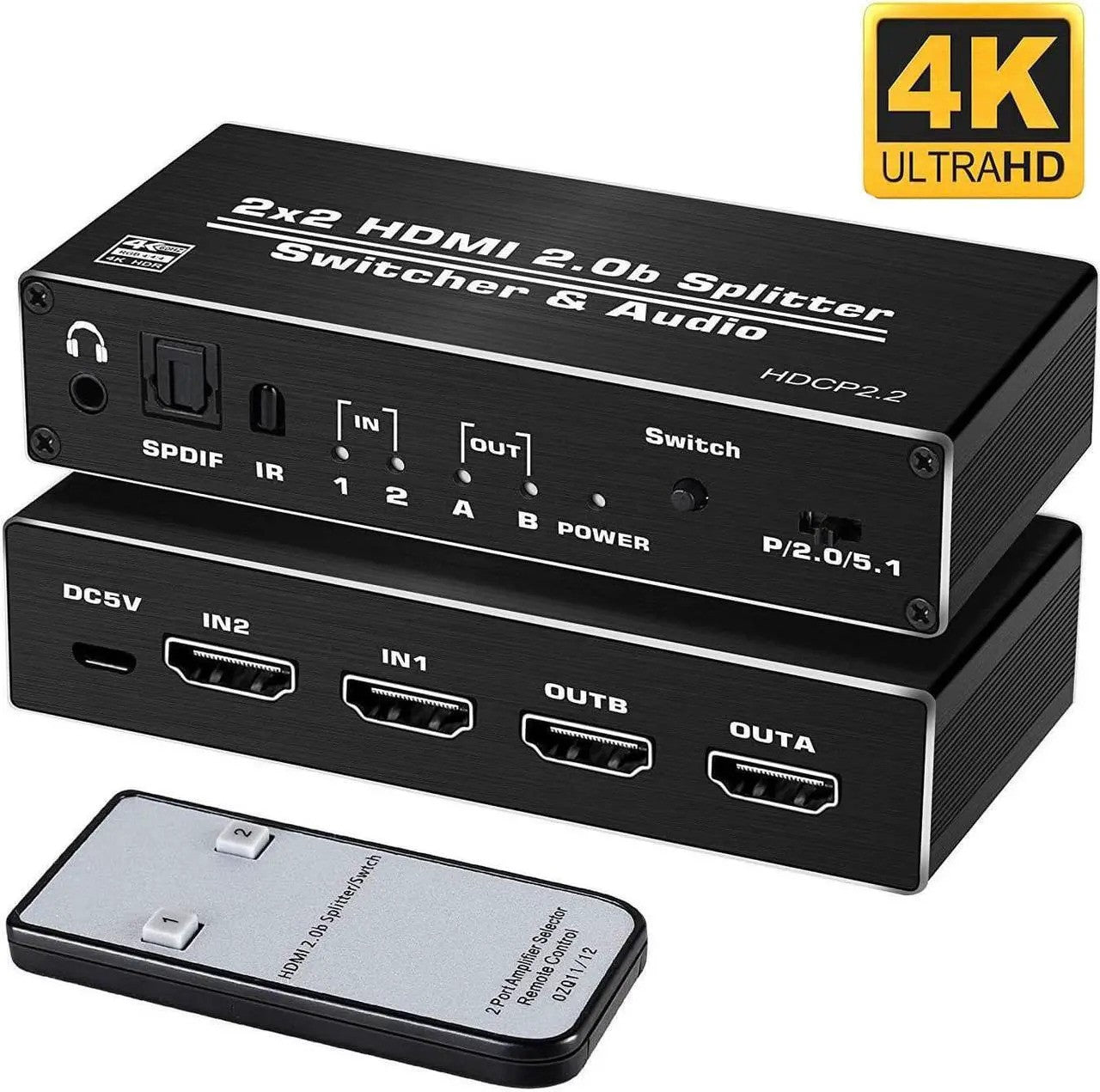 NÖRDIC HDMI 4K 60Hz Switch-Splitter 2x2 Audio SPDIF/Stereo med fjernkontroll