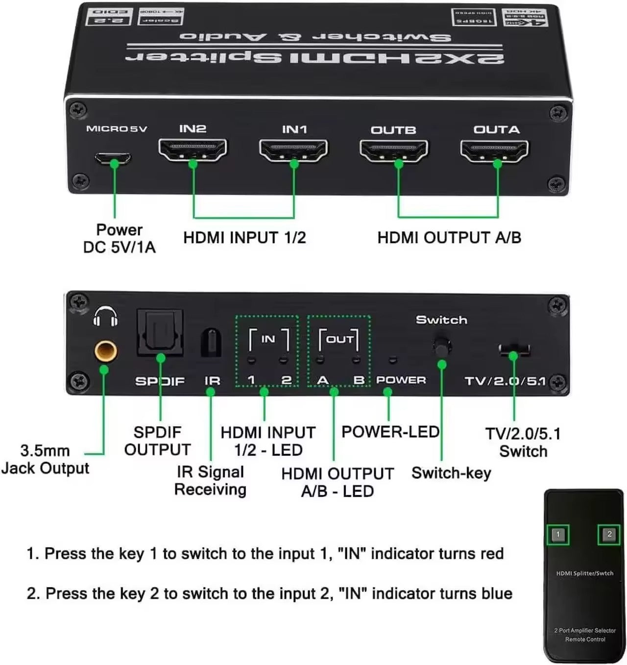 NÖRDIC HDMI 4K 60Hz Switch-Splitter 2x2 Audio SPDIF/Stereo med fjernkontroll