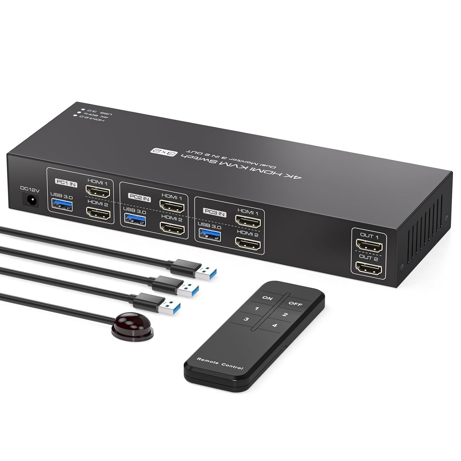 NÖRDIC HDMI KVM-switch 3 datamaskiner 2 skjermer 4K60Hz EDID 4 USB 3.0 porter med fjernkontroll