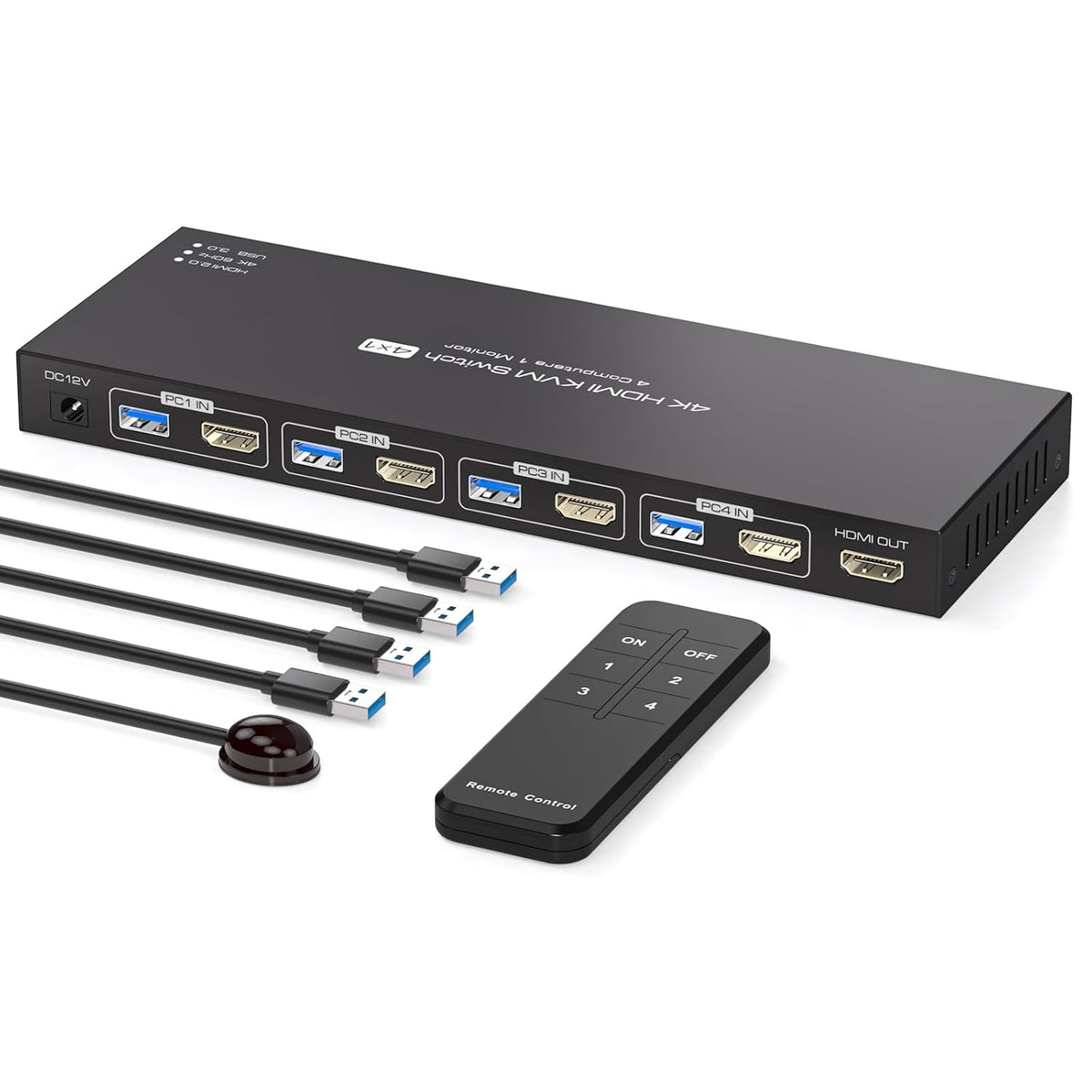 NÖRDIC HDMI 2.0 KVM-switch 4 til 1 EDID 4K60Hz, 4xUSB 3.0, 4 datamaskiner til 1 skjerm + 4xUSB 3.0-enheter, fjernkontroll