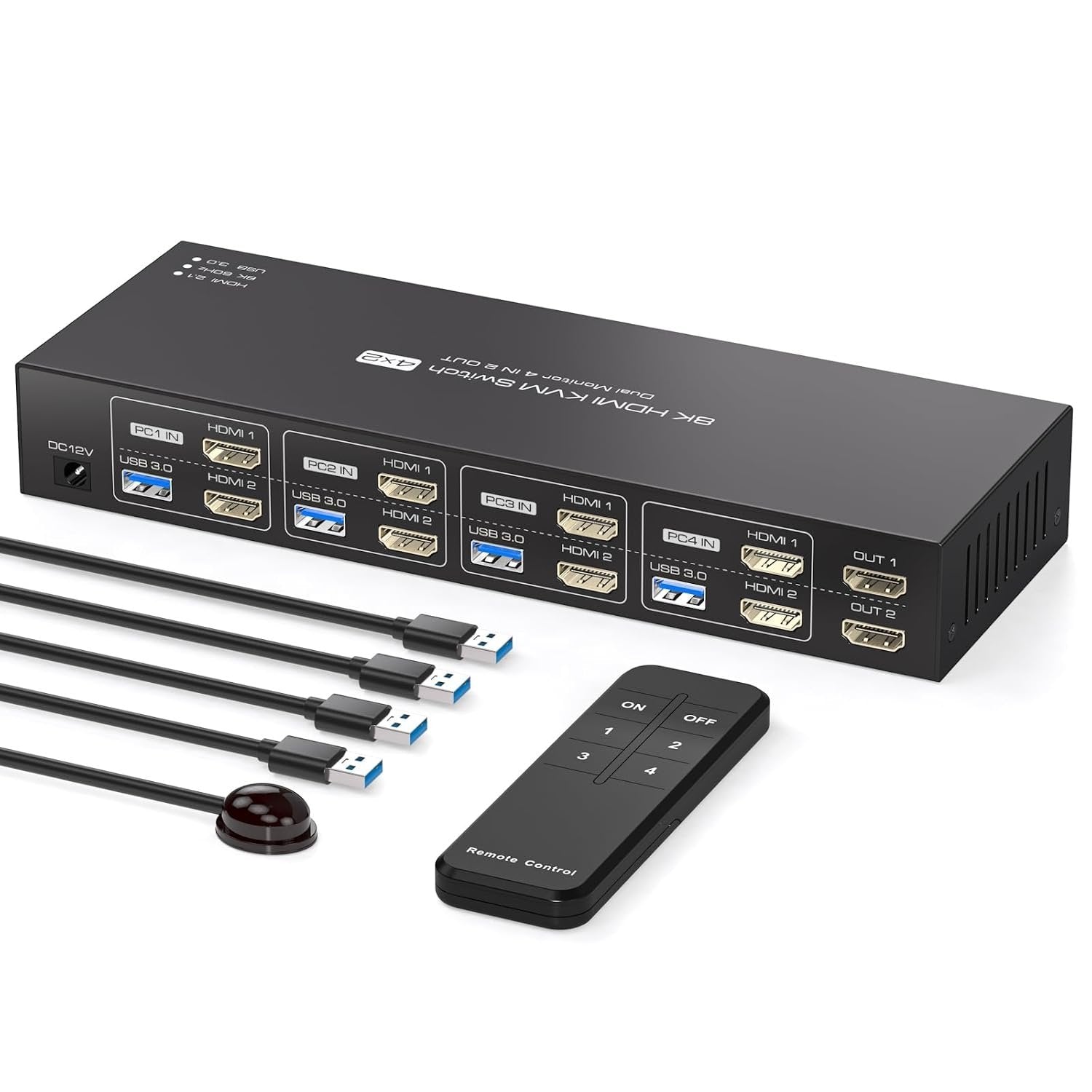 NÖRDIC KVM 4x2 HDMI 2.1 Switch 4PC til Dobbelt Skjerm HDMI 8K60Hz med 1x3.5mm og 4xUSB-A