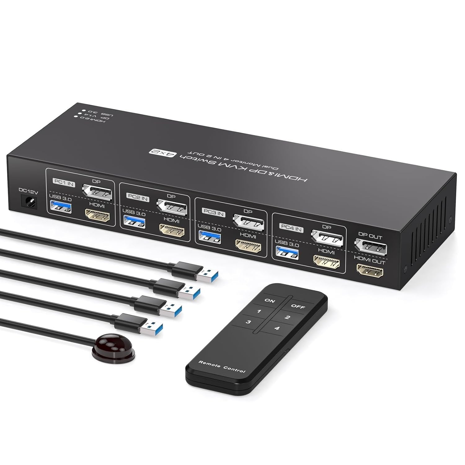 NÖRDIC KVM 4x2 Switch 4PC til Dobbel Skjerm HDMI & DP 8K60Hz med 1x3.5mm og 4xUSB-A