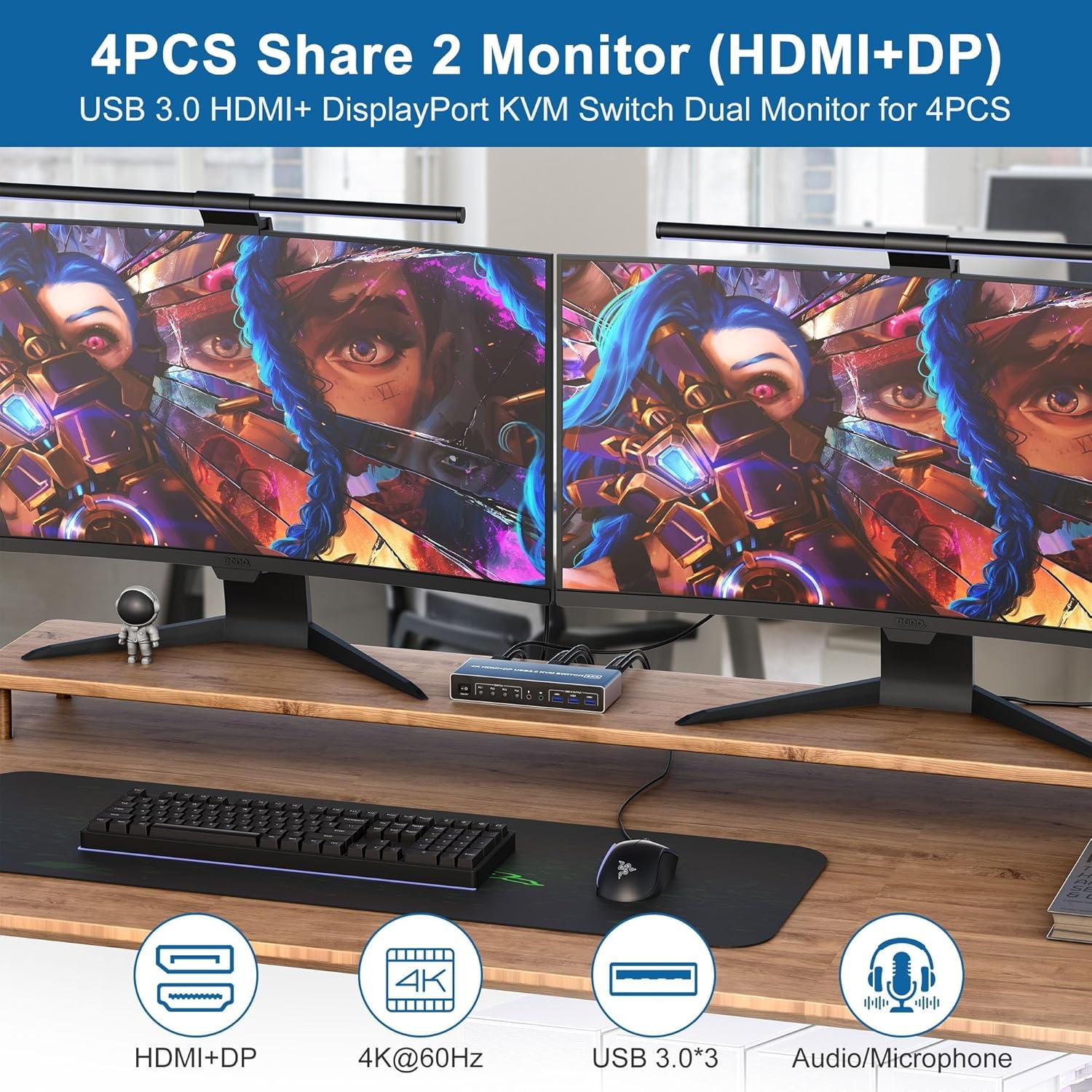 NÖRDIC KVM 4x2-svitsj 4PC til dobbel skjerm HDMI og DP 4K60Hz med 2x3,5mm og 3xUSB-A