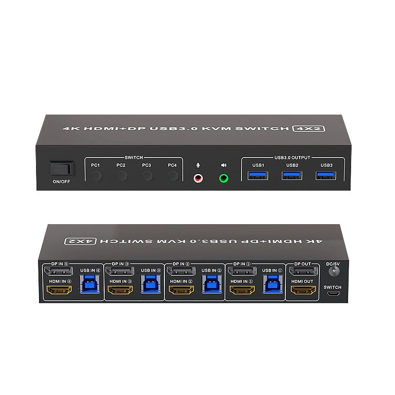 NÖRDIC KVM 4x2-svitsj 4PC til dobbel skjerm HDMI og DP 4K60Hz med 2x3,5mm og 3xUSB-A