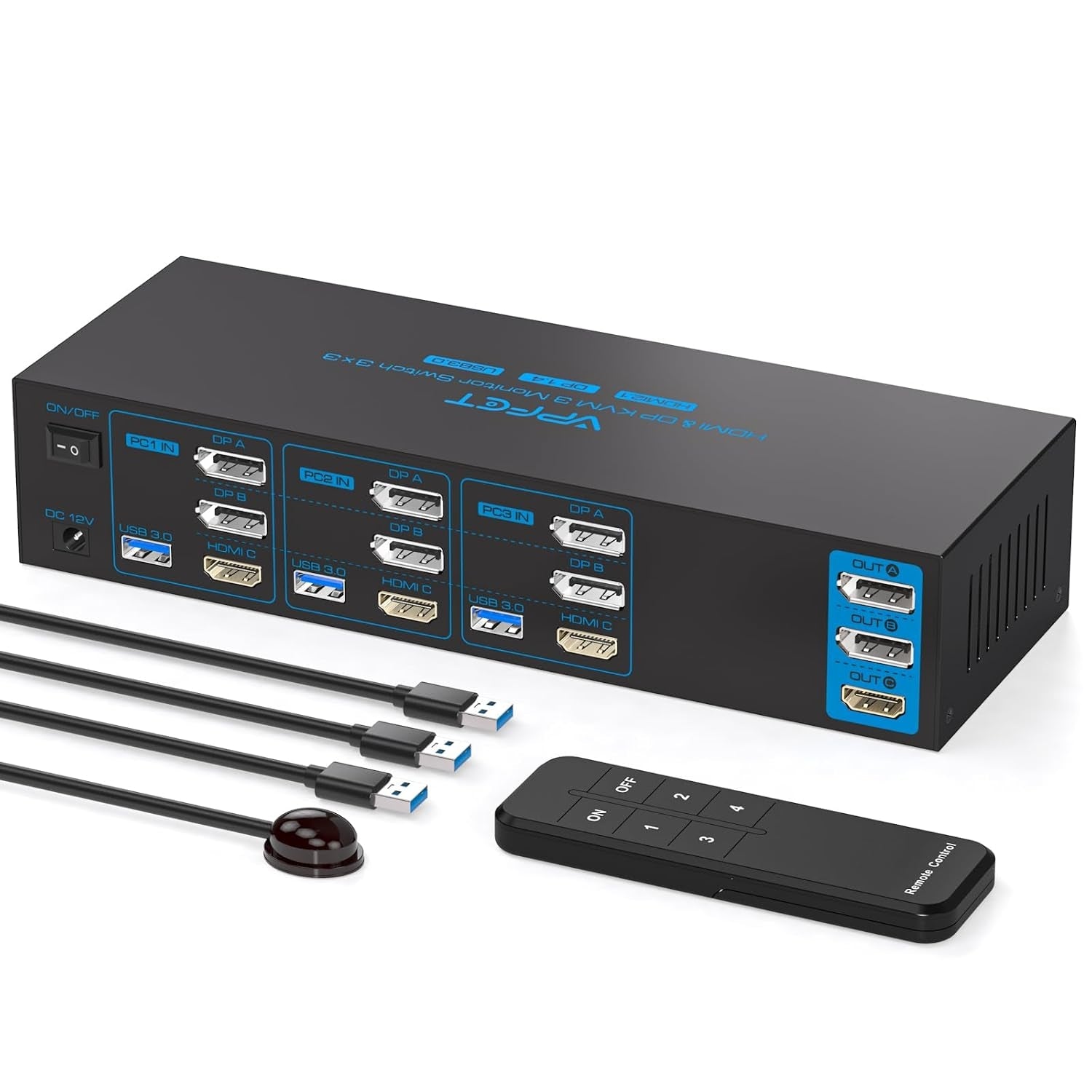 NÖRDIC KVM Switch 3 til 3, 4xUSB3.0 2xDP 1xHDMI 8K30Hz med trådløs kontroll