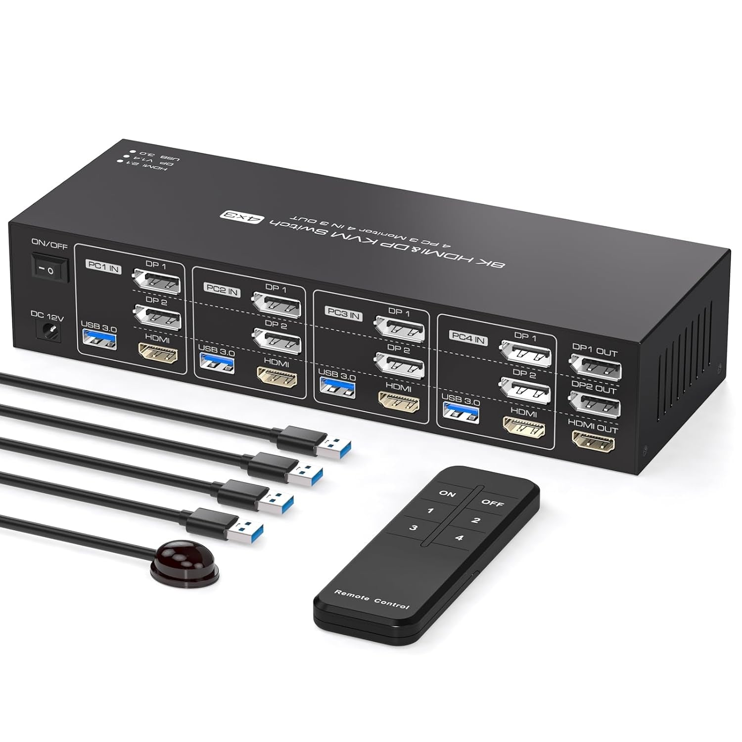 NÖRDIC KVM Switch 4 til 3, 4xUSB3.0 2xDP 1xHDMI 8K30Hz med trådløs kontroll