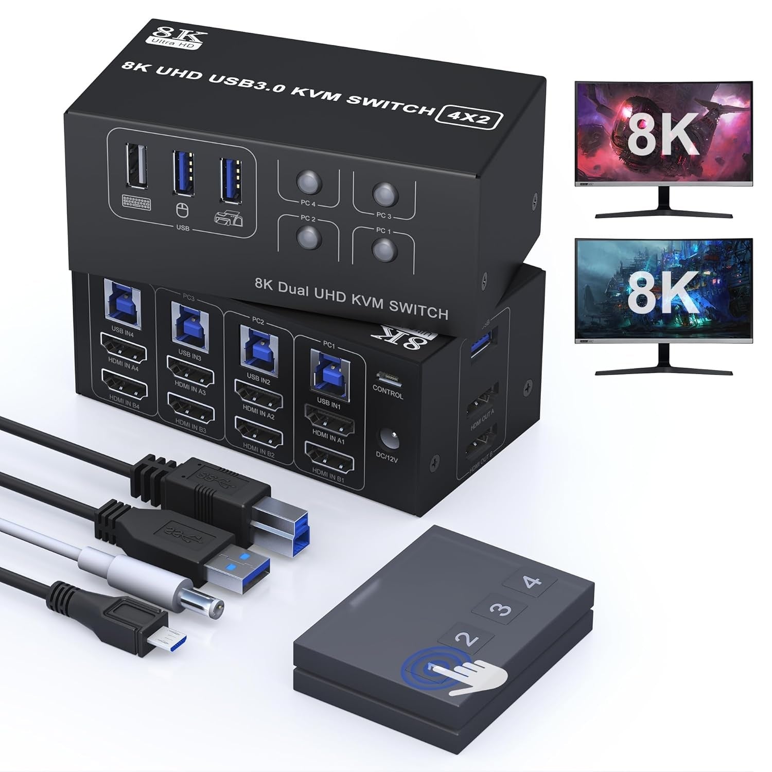 NÖRDIC KVM-svitsj 4 til 2 HDMI 2.1 8K@60Hz 4K@120Hz 4xUSB-A