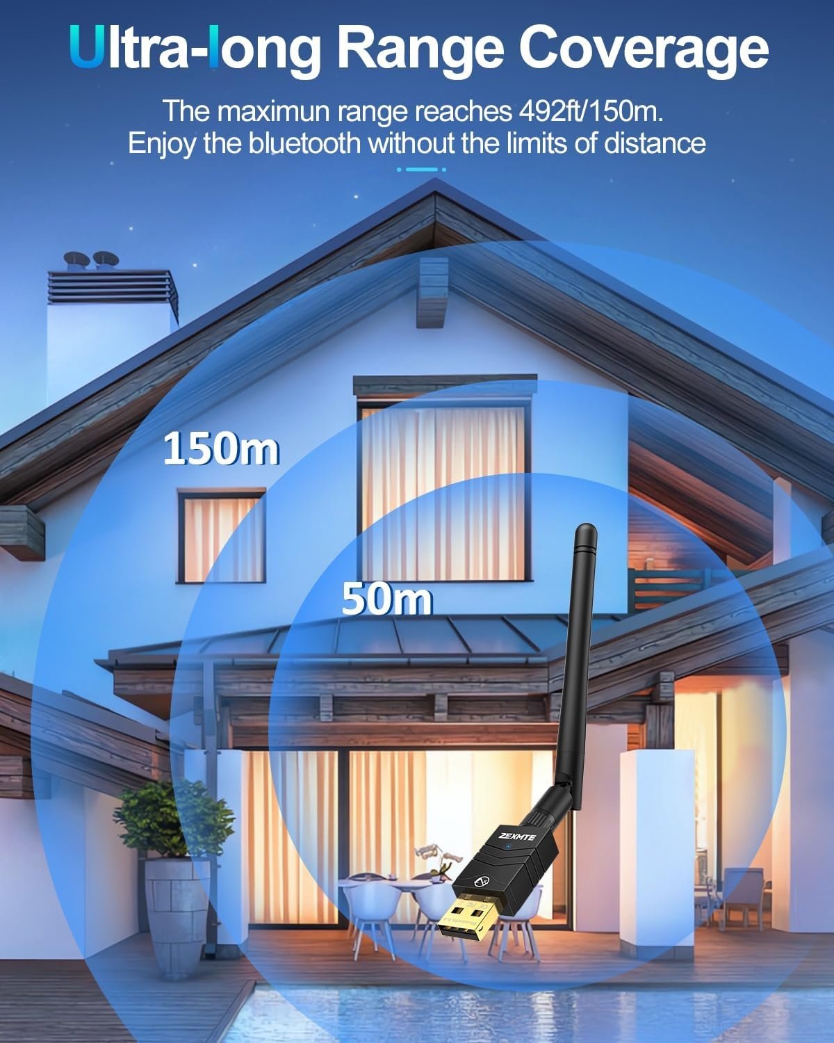 NÖRDIC USB-A adapter langdistanse Bluetooth 5.4 150m