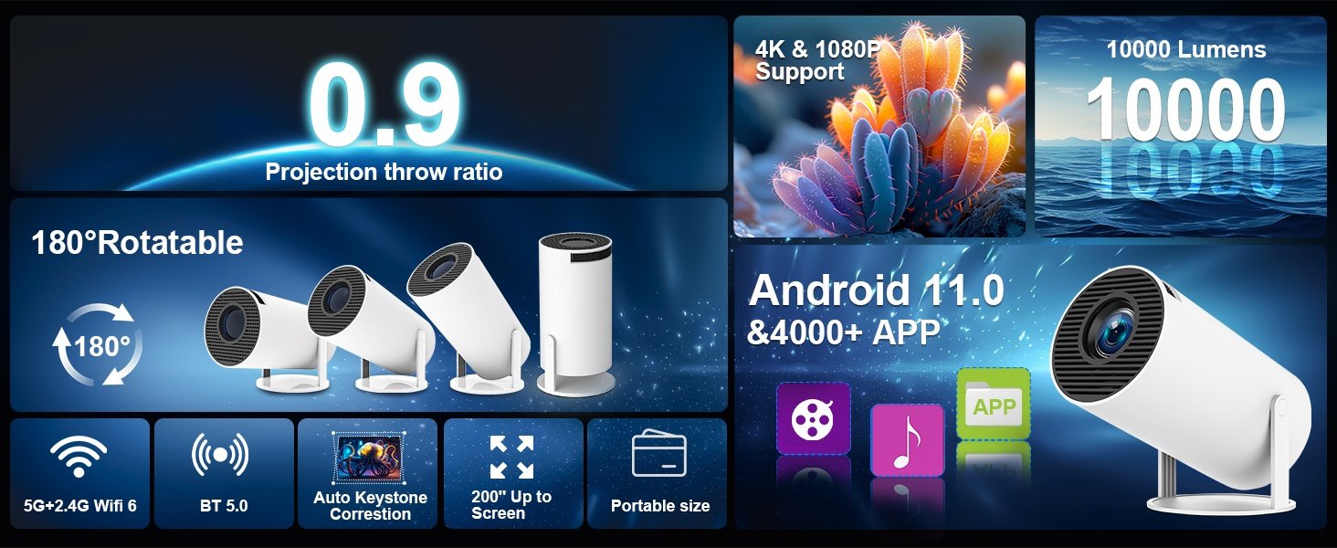 NÖRDIC Mini Portable Projector – 720p HD-støtte, Android 11, WiFi 6, BT 5.0, 180° rotasjon, hjemmekinoprojektor