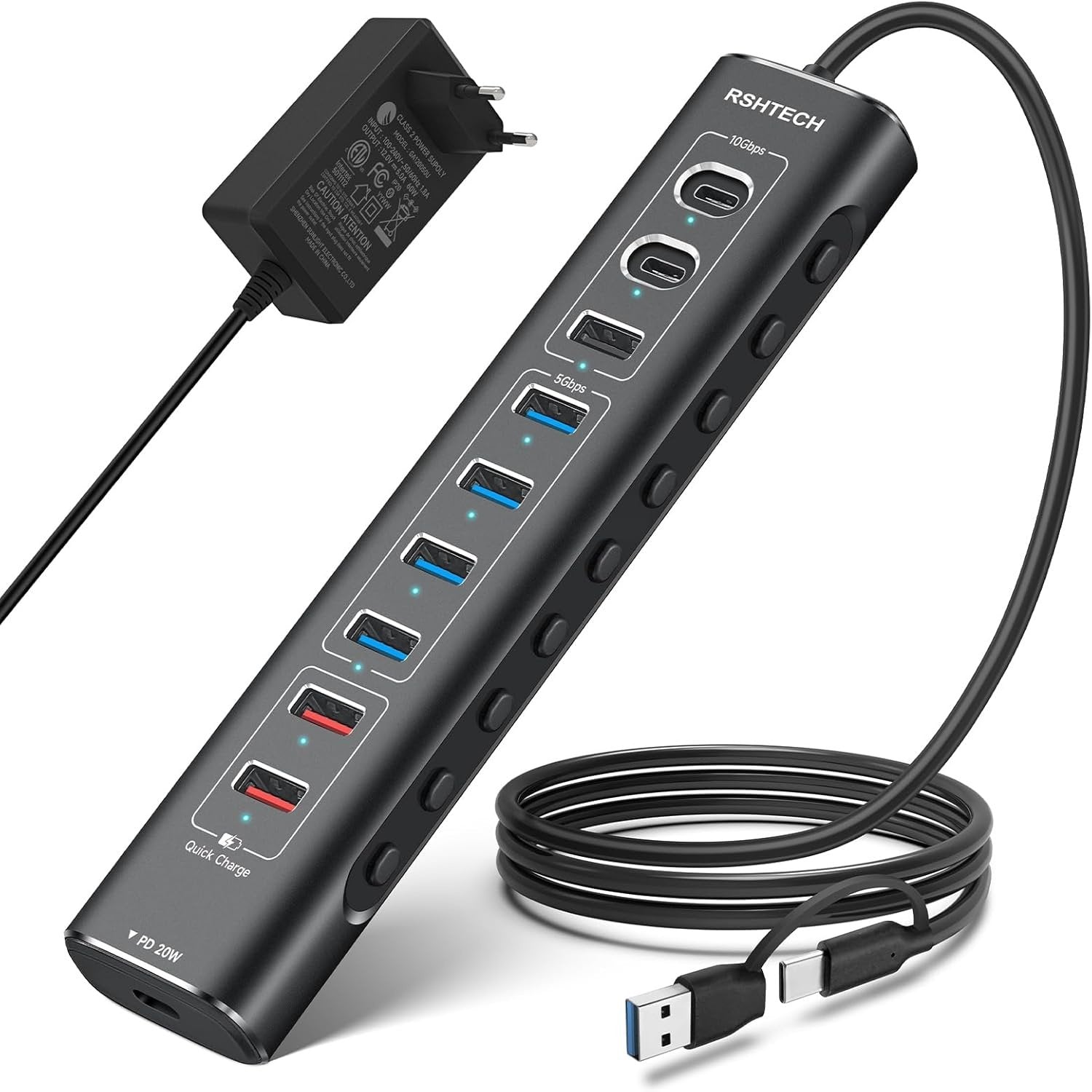 NÖRDIC drevet 10-ports USB-C & A Hub, 3x10G USB-A og USB-C USB3.2 GEN2, 4x5G USB-A USB3.2 GEN1, 1xUSB-C 20W PD, 2xUSB-A lading med individuell bryter