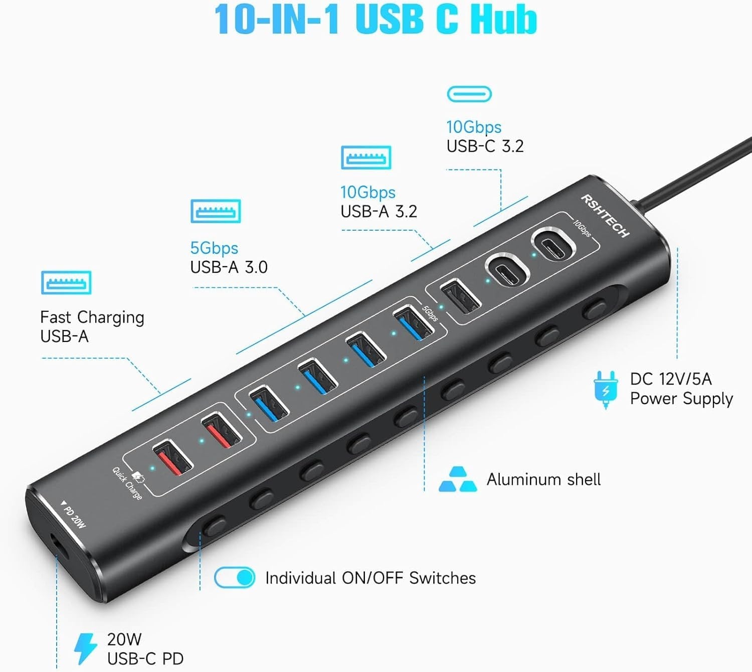 NÖRDIC drevet 10-ports USB-C & A Hub, 3x10G USB-A og USB-C USB3.2 GEN2, 4x5G USB-A USB3.2 GEN1, 1xUSB-C 20W PD, 2xUSB-A lading med individuell bryter